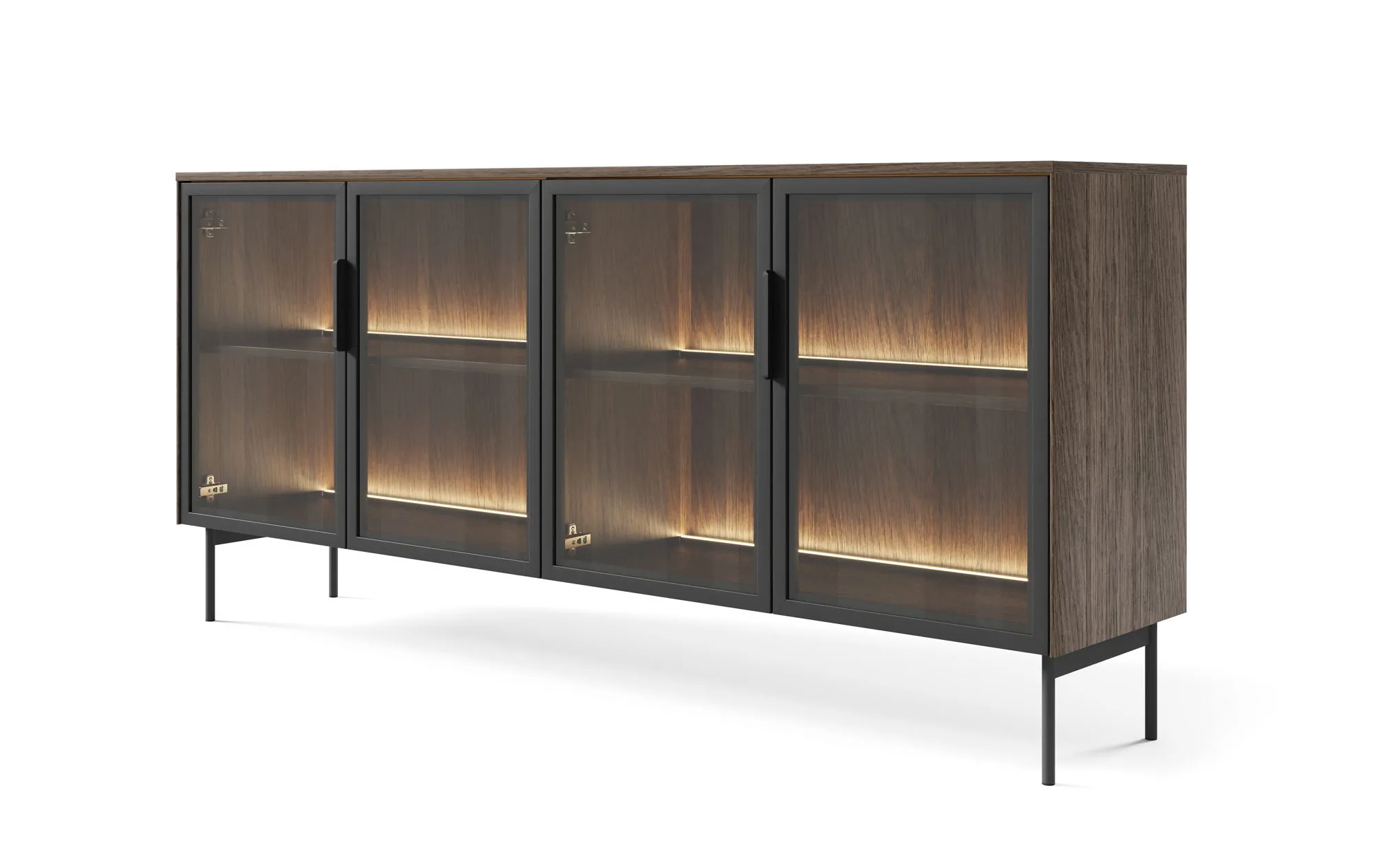 Kommode mit LED-Beleuchtung Chaabane 02 | Farbe: Eiche Dunin / Schwarz | braune Glasfront | vier Türen | Maße: 82,5 x 181 x 39 cm