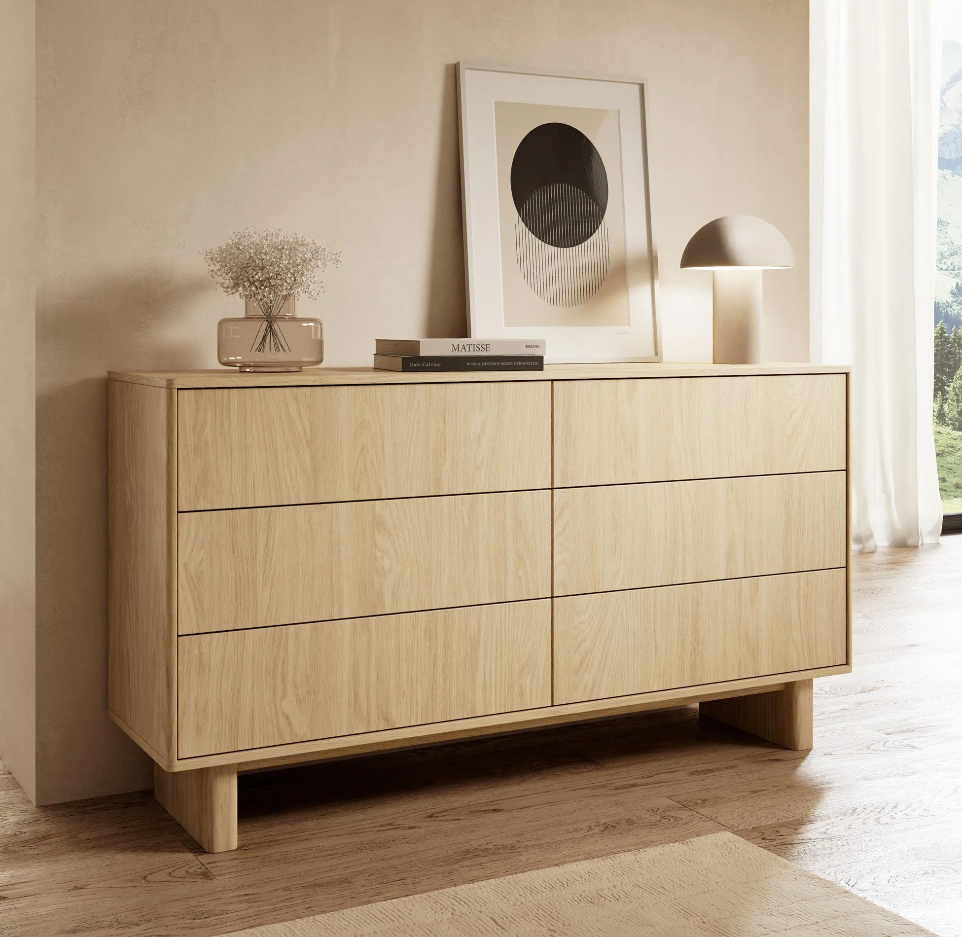 Kommode | Farbe: Eiche geölt | 6 Schubladen | Push-to-open Funktion | Vollauszug Schubladen | 153 x 38 x 83 cm | Sideboard