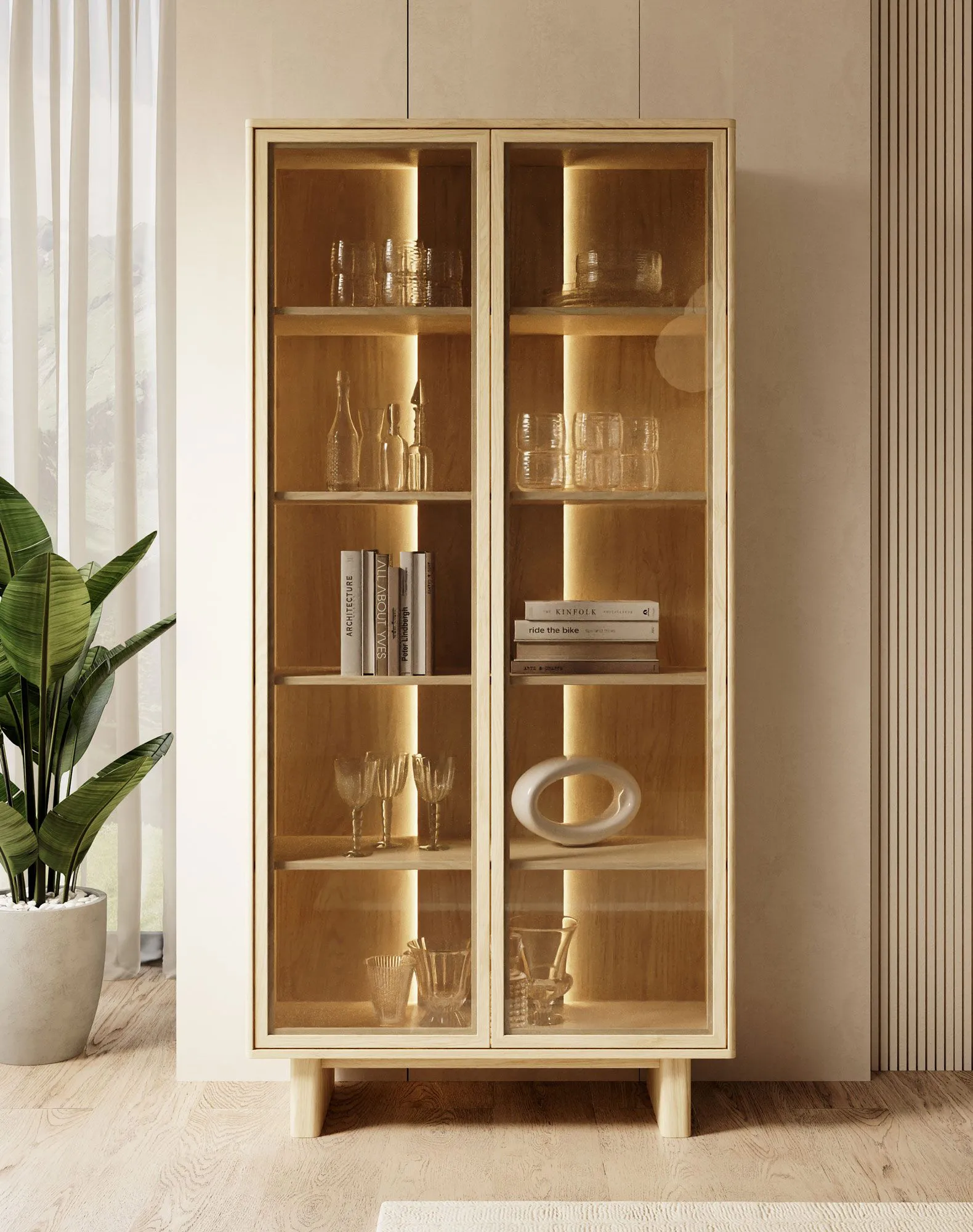 Vitrine | Farbe: Eiche geölt | Push-to-open Funktion | 2 Glastüren | inkl. LED-Beleuchtung | 5 Fächer | 94 x 38 x 195 cm