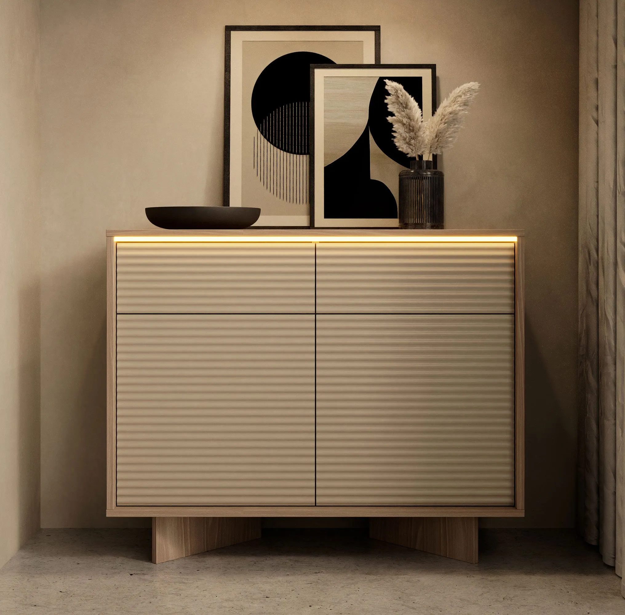 Kommode | Farbe: Bolivar Natur / Cappuccino | 2 Drehtüren | 4 Fächer | 2 Schubladen | Push-to-open Funktion | inkl. LED-Beleuchtung