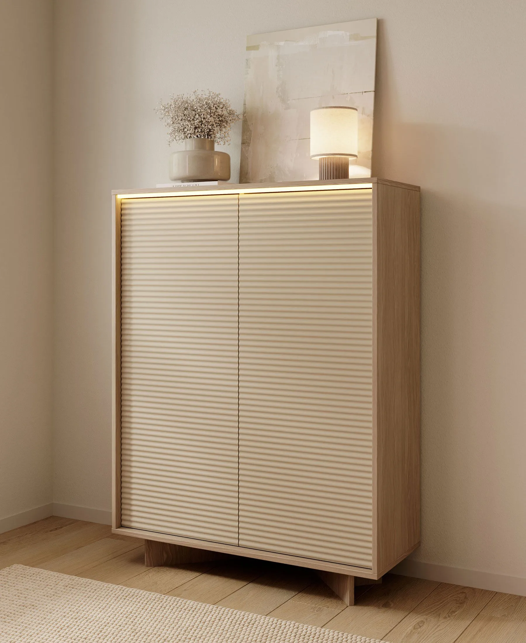 Kommode | Farbe: Bolivar Natur / Cappuccino | 2 Drehtüren | 6 Fächer | Push-to-open Funktion | inkl. LED-Beleuchtung | 104 x 40 x 139 cm
