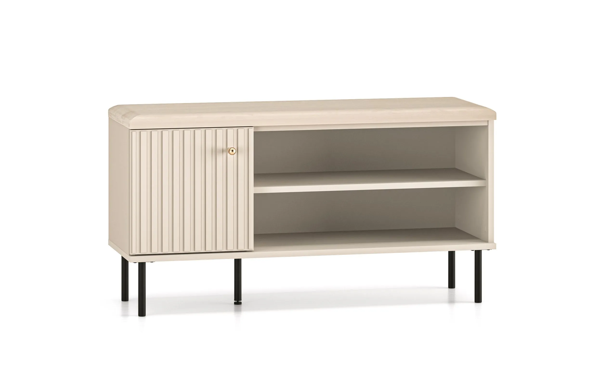 Stabile Sitzbank mit Stauraum / Schuhschrank Petkula 15, Farbe: Beige hell, eine Tür, Soft-Close Funktion, Griffe: Gold matt, vier Fächer, perfekt für
