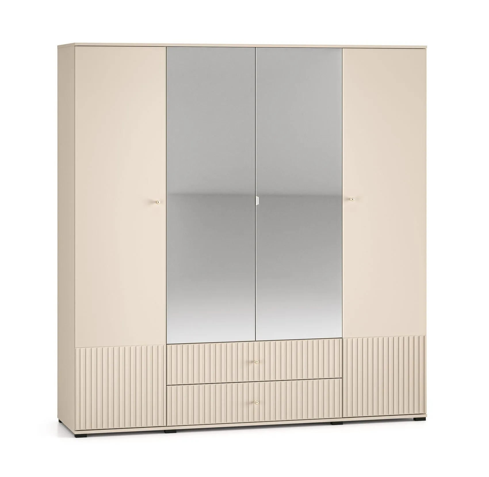 Breiter Kleiderschrank mit zwei Spiegeltüren Petkula 23, Farbe: Beige hell, mit modernen Lamellen Design, 2 Meter breit, zwei Schubladen, Soft-Close Funktion