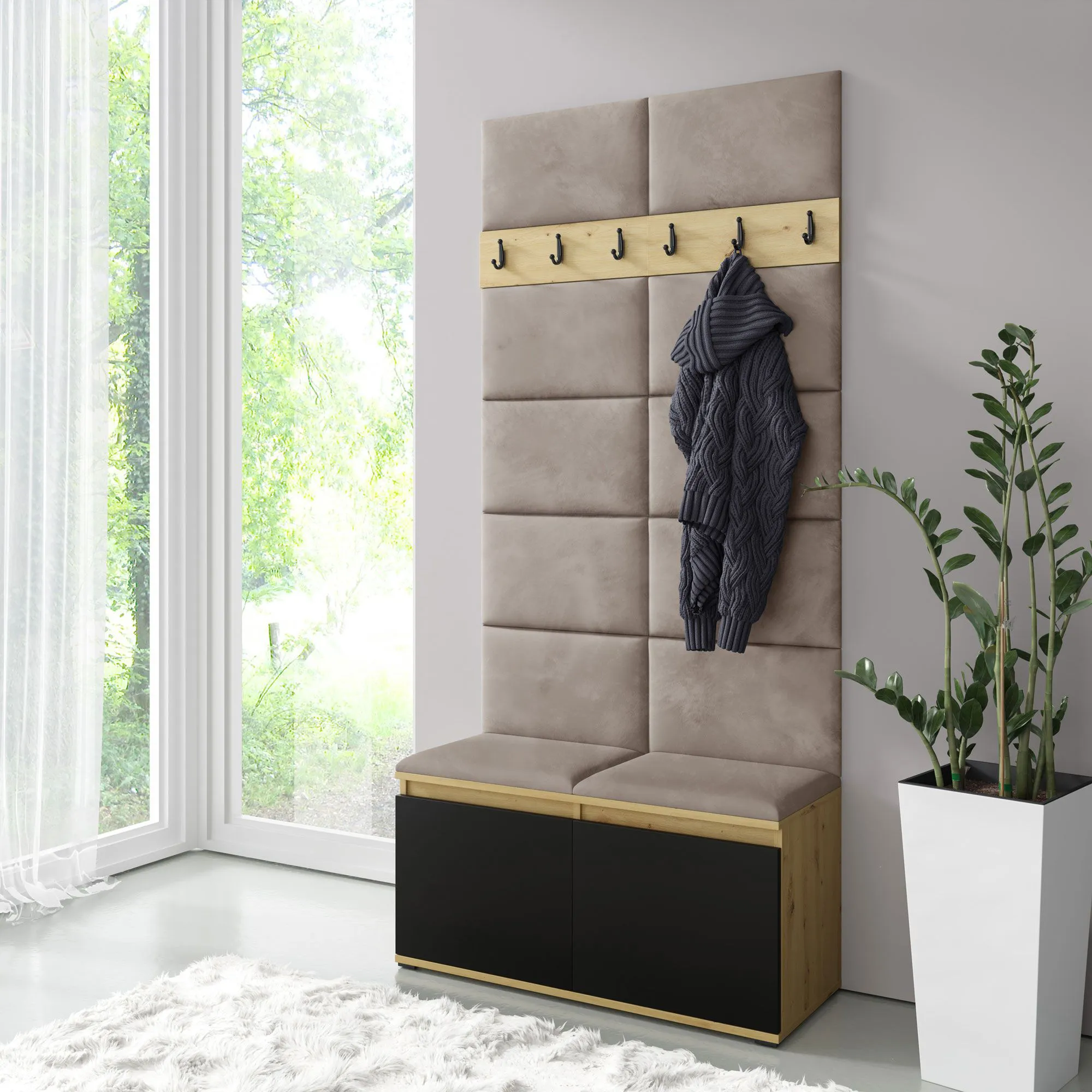 Garderobe 01 mit Sitzbank/Schuhschrank gepolstert | 215 x 100 x 40 cm | Artisan/Schwarz/Rabbit | für 8 Paar Schuhe | 6 Kleiderhaken