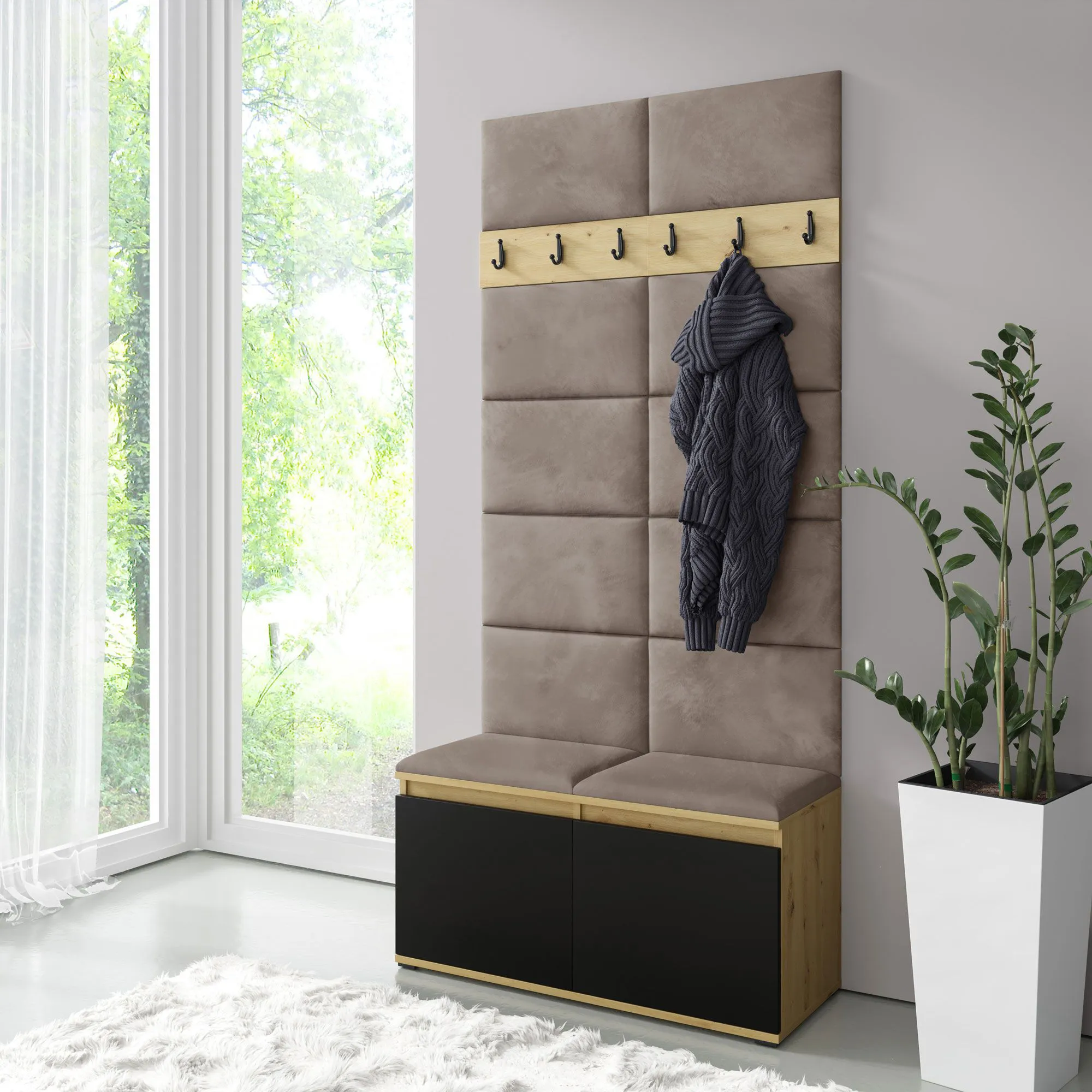 Garderobe 01 mit Sitzbank gepolstert 1 Meter breit | Artisan/Schwarz/Mika | für etwa 8 Paar Schuhe | 6 Kleiderhaken | 4 Fächer