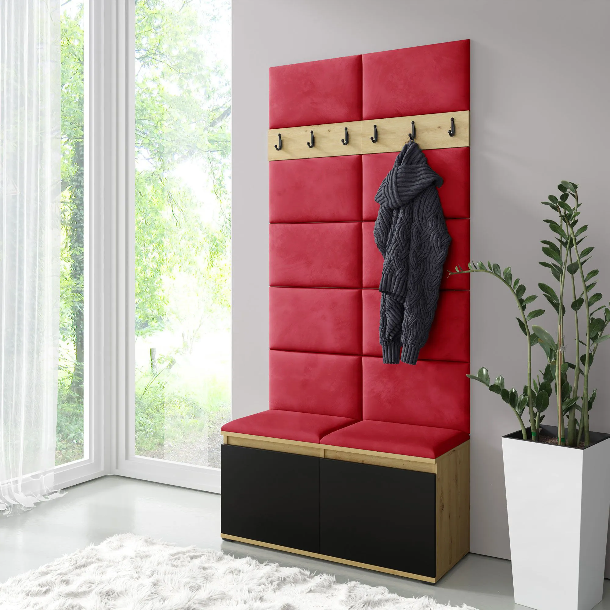 Garderobe 01, 1 Meter breit mit Sitzbank gepolstert | Artisan/Schwarz/Red | Schuhschrank mit 2 Kipptüren | für 8 Paar Schuhe | 6 Kleiderhaken