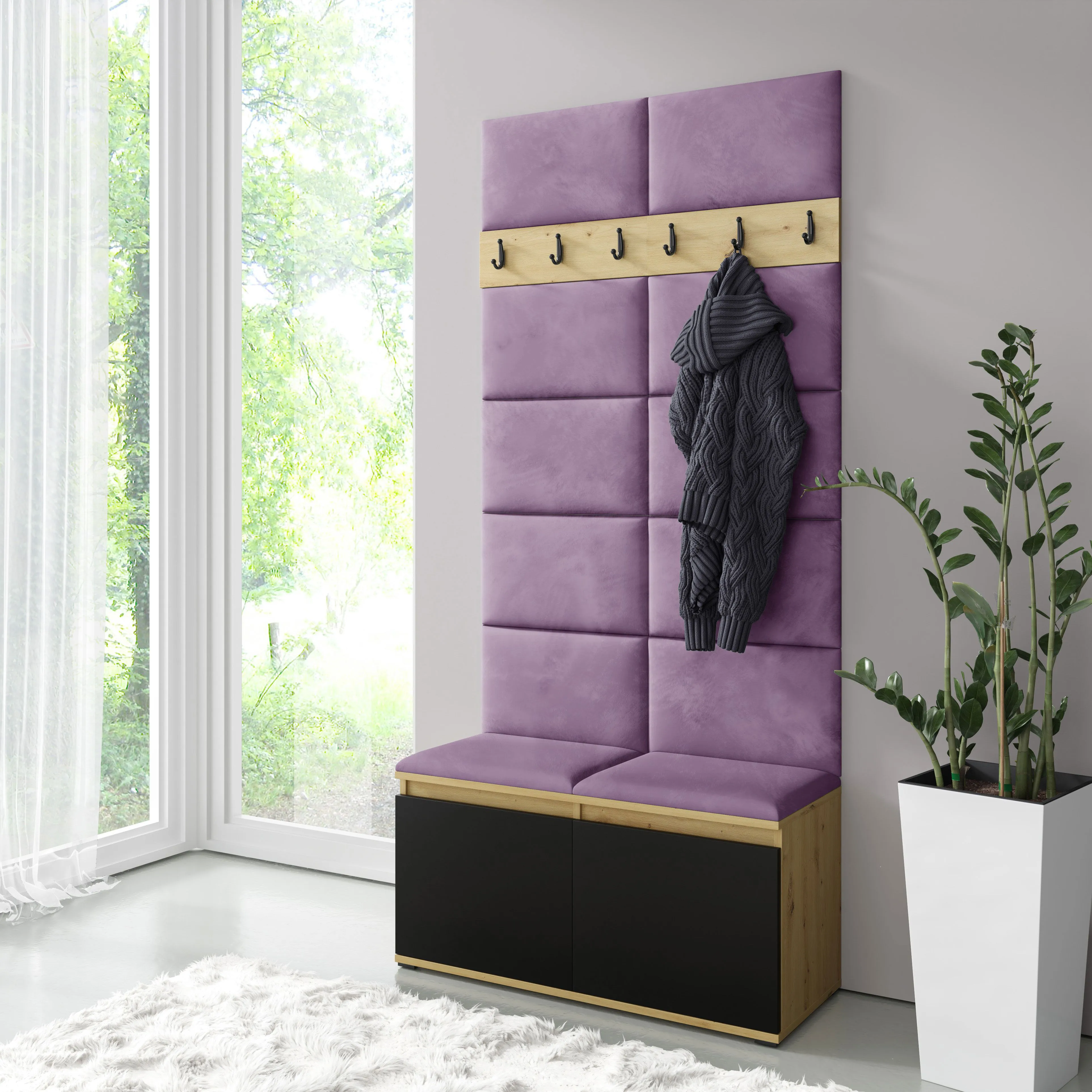 Schmale Garderobe 01 mit Sitzbank gepolstert | Artisan/Schwarz/Purple | 215 x 100 x 40 cm | für 8 Paar Schuhe | 6 Kleiderhaken | 4 Fächer