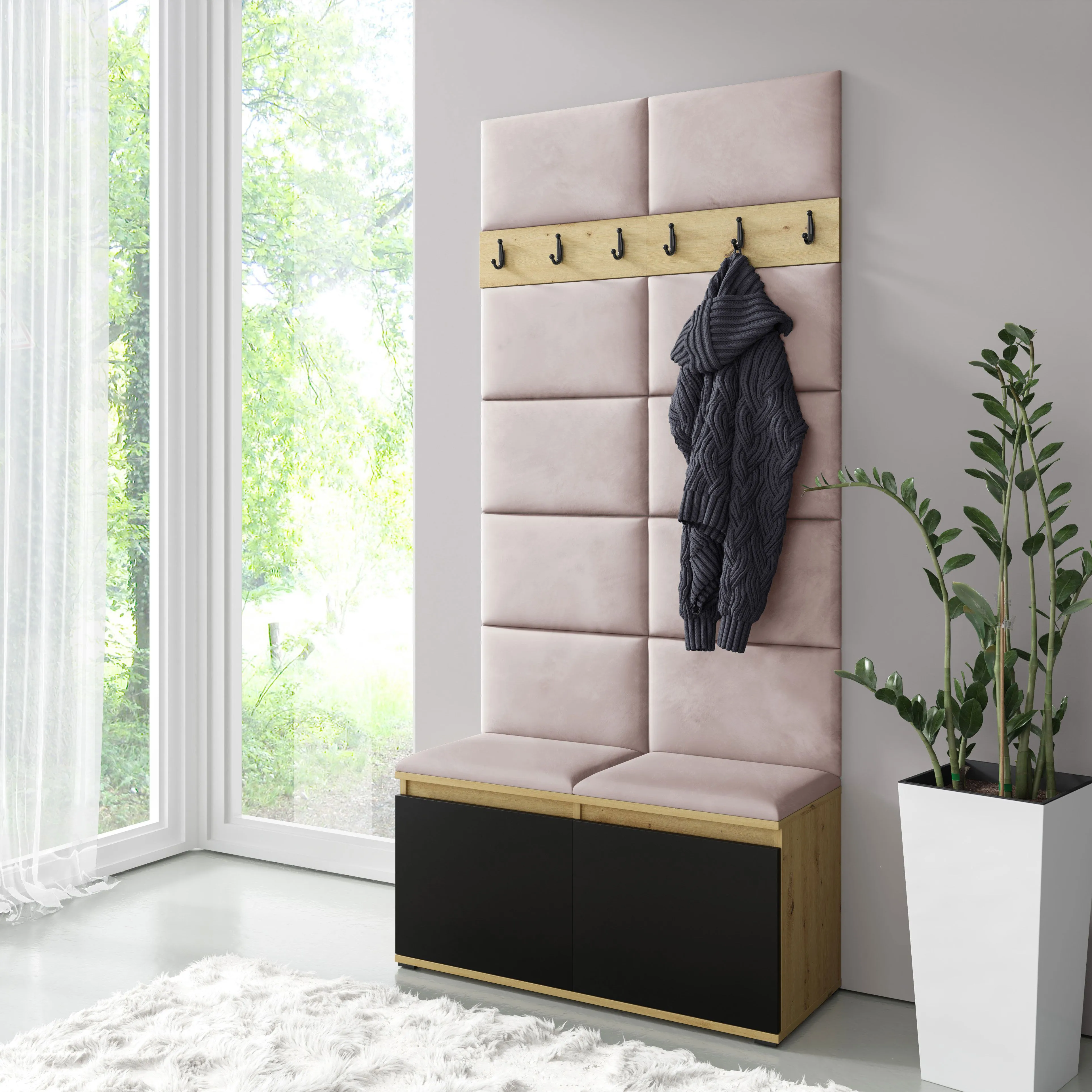 Garderobe 01 mit Schuhschrank für 8 Paar Schuhe | Artisan/Schwarz/Flamingo | 215 x 100 x 40 cm | für 8 Paar Schuhe | 6 Kleiderhaken