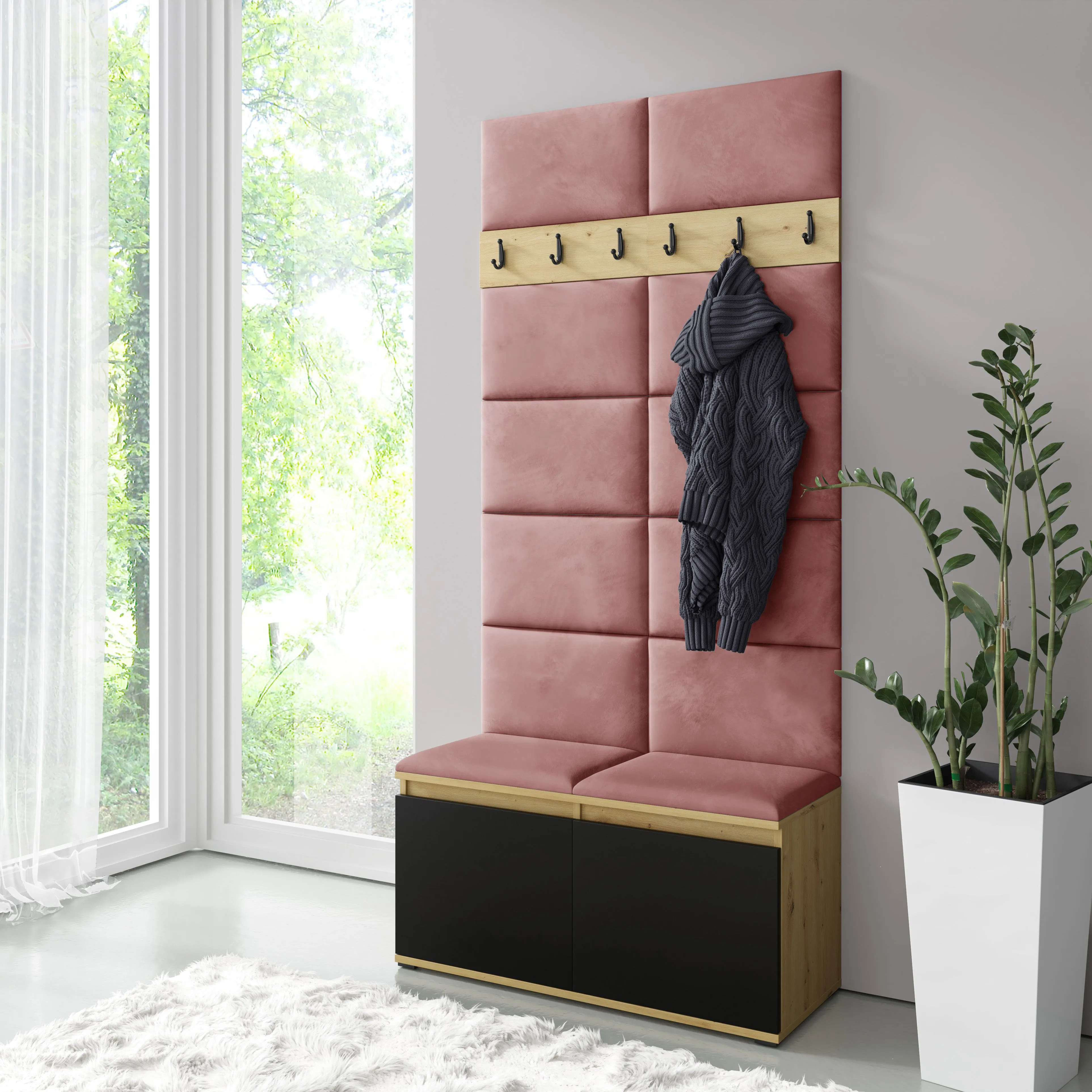 Garderobe 01 mit gepolsterter Sitzbank/Wand, Artisan/Schwarz/Misty Rose, 215x100x40 cm, für 8 Paar Schuhe, 6 Kleiderhaken, Schuhschrank mit 4 Fächer