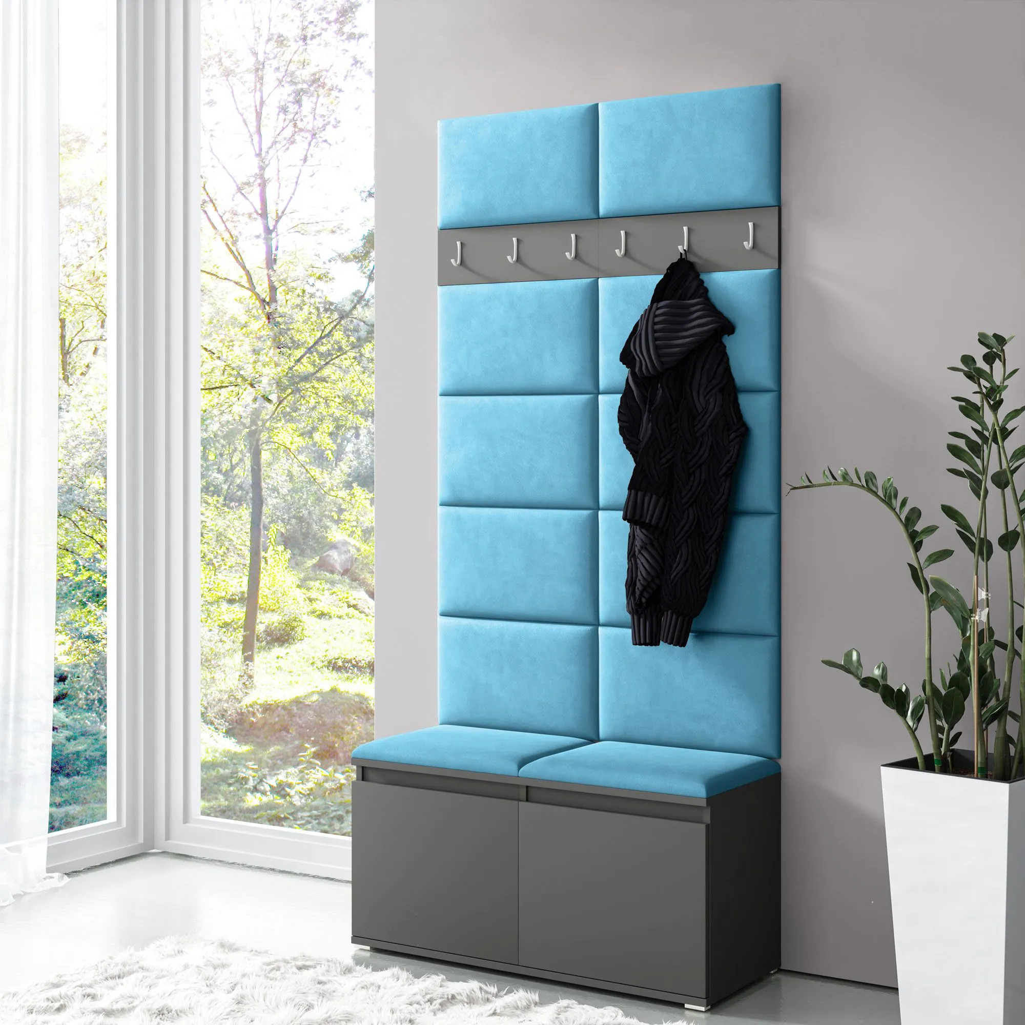 Schmale Garderobe 01 mit Sitzbank/Wand gepolstert, Graphit/Türkis, 215 x 100 x 40 cm, für 8 Paar Schuhe, 6 Kleiderhaken, 4 Fächer, Schuhschrank