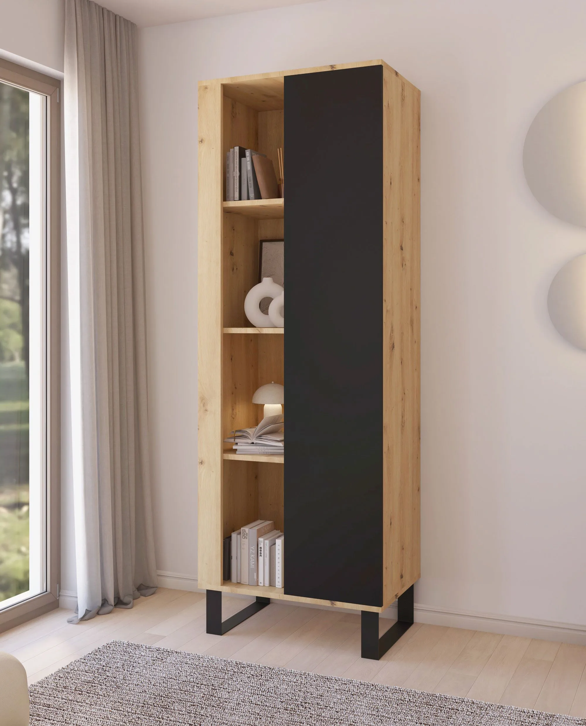 Bücherregal | Farbe: Eiche Artisan / Schwarz | Push-to-open Funktion | 1 Tür | Maße: 60 x 40 x 174 cm | 8 Fächer | Türanschlag wechselbar