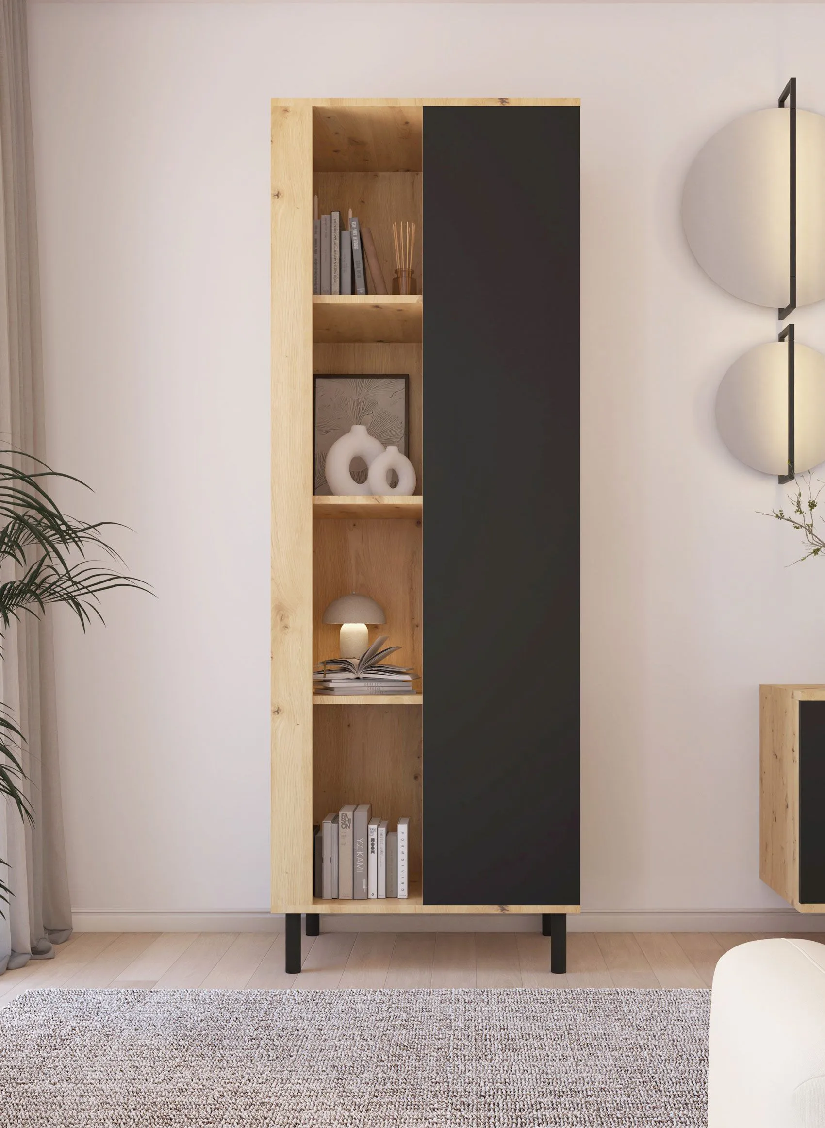 Bücherregal | Farbe: Eiche Artisan / Schwarz | Beine: Metall | 1 Tür | Maße: 60 x 40 x 172 cm | 8 Fächer | Push-to-open Funktion