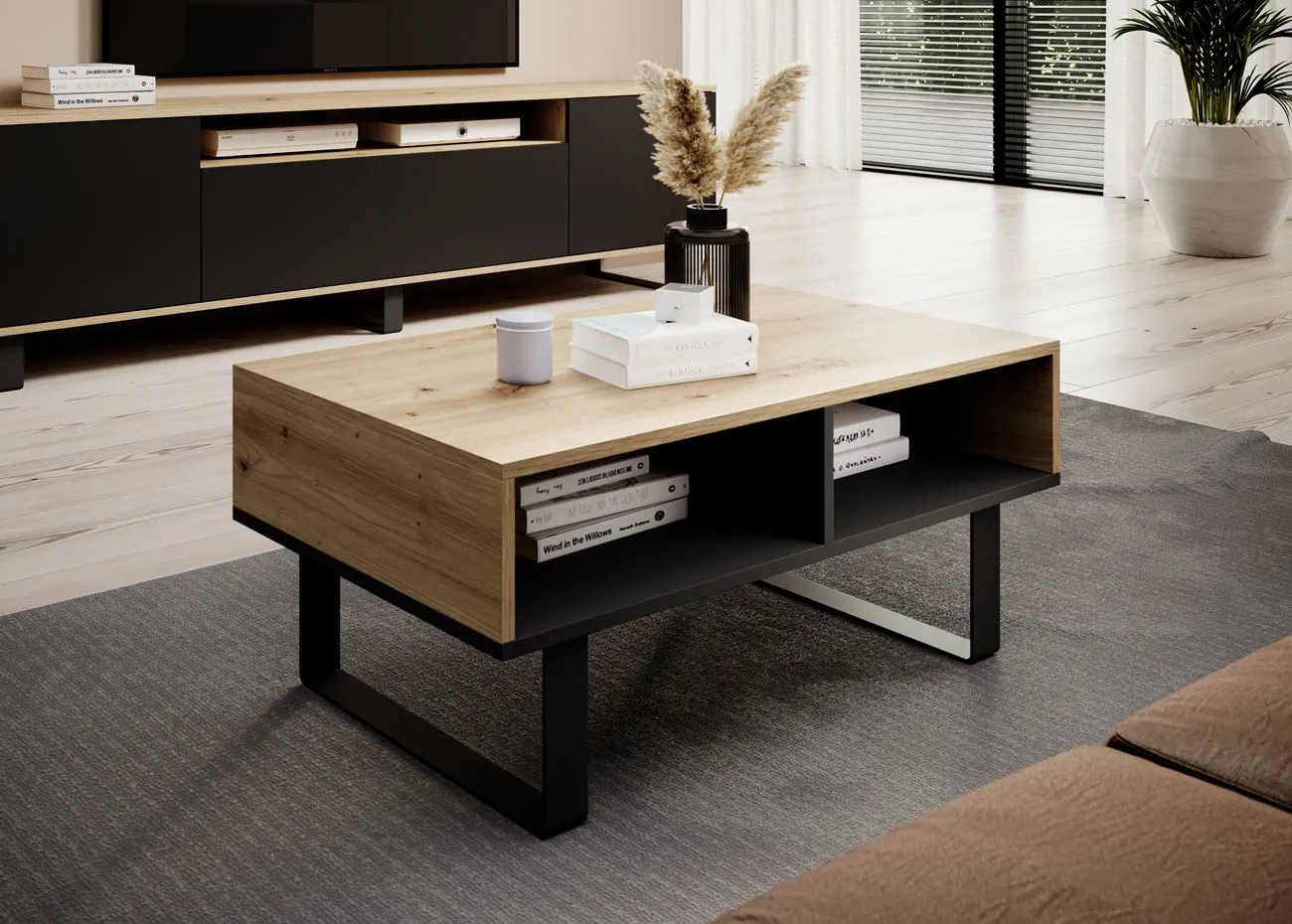 Couchtisch mit zwei Fächer Zapopan 134, Farbe: Eiche Artisan / Schwarz, echter Hingucker, Beine: Metall, Maße: 40 x 90 x 50 cm, robust und stabil