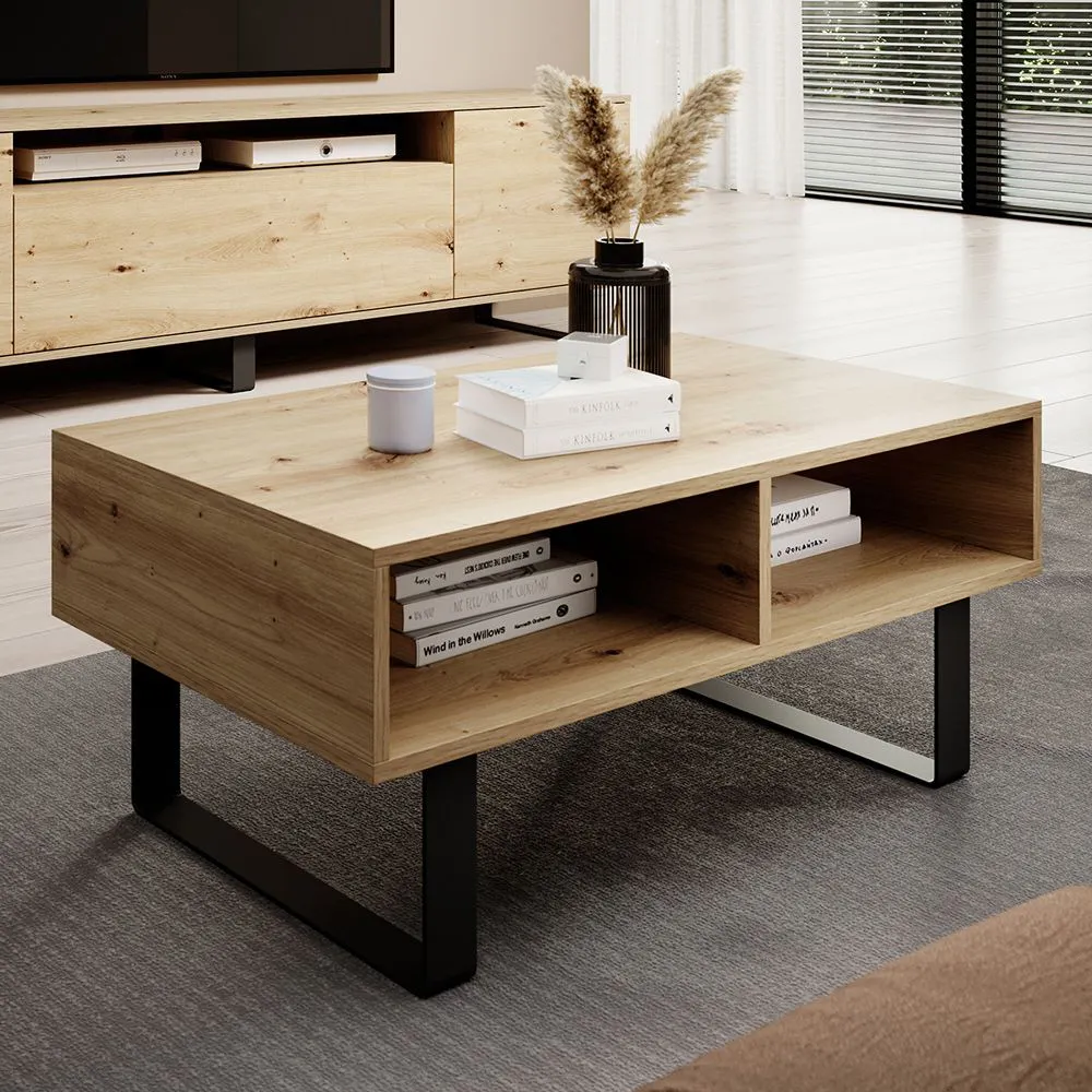 Schlichter Couchtisch Zapopan 133, zwei Fächer, Beine: Metall, Farbe: Eiche Artisan, hochwertig verarbeitet, Maße: 40 x 90 x 50 cm, für Wohnzimmer