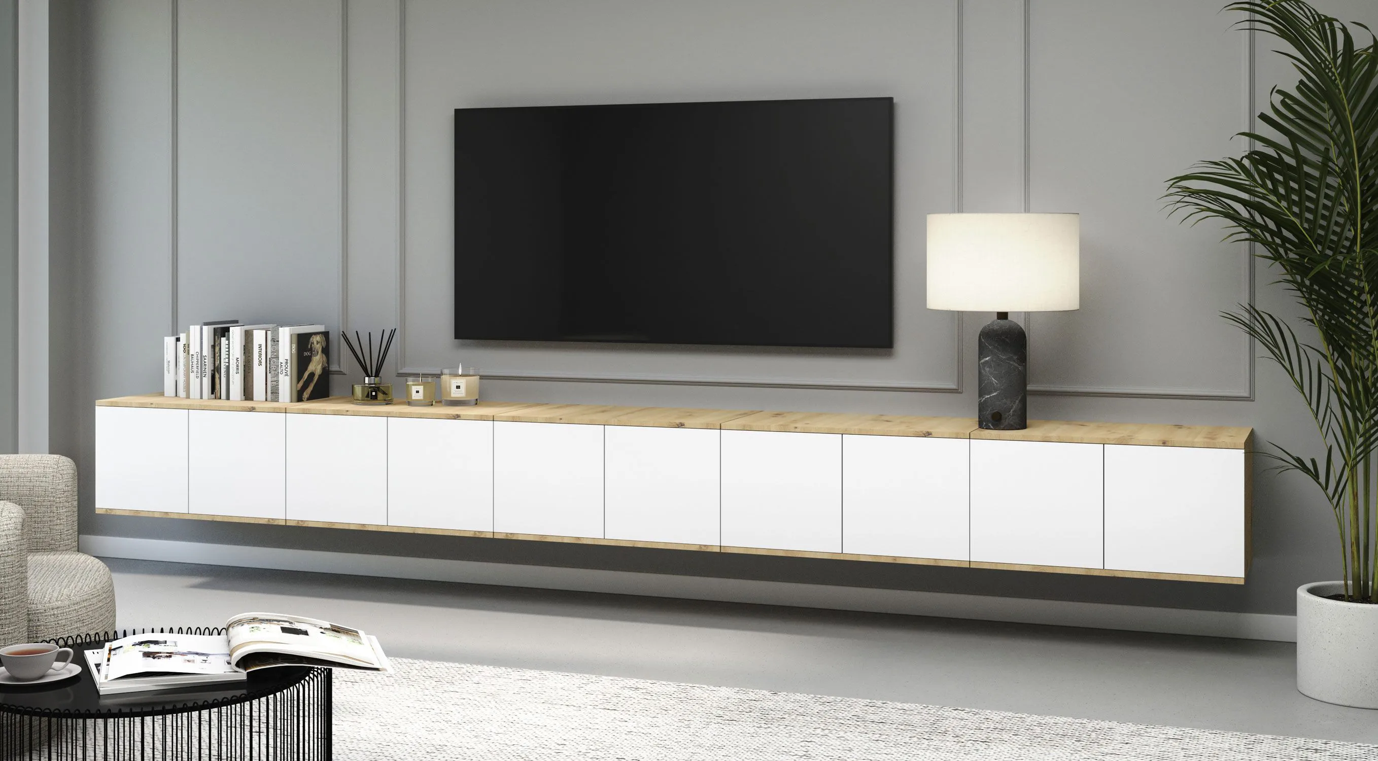 TV-Möbel | Farbe: Eiche Artisan / Weiß | Push-to-open Funktion | 10 Türen | 20 Fächer | 350 x 40 x 40 cm | hochwertig Verarbeitet