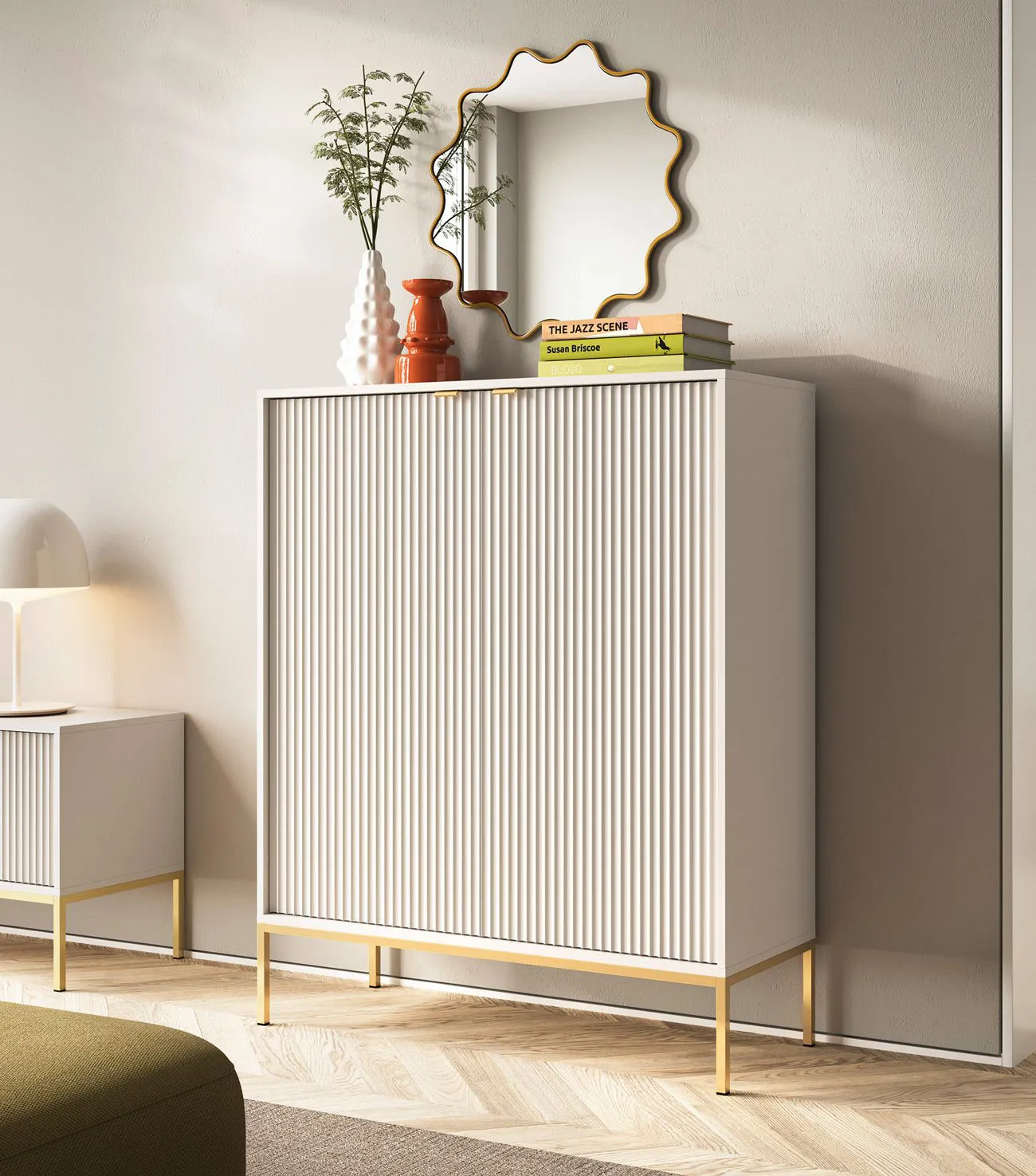 Highboard / Kommode mit zwei Türen Worthing 76, Farbe: Kaschmir, sechs Fächer, 1 Meter breit, Beine und Griffe: Gold, ABS-Kantenschutz, für Wohnzimmer