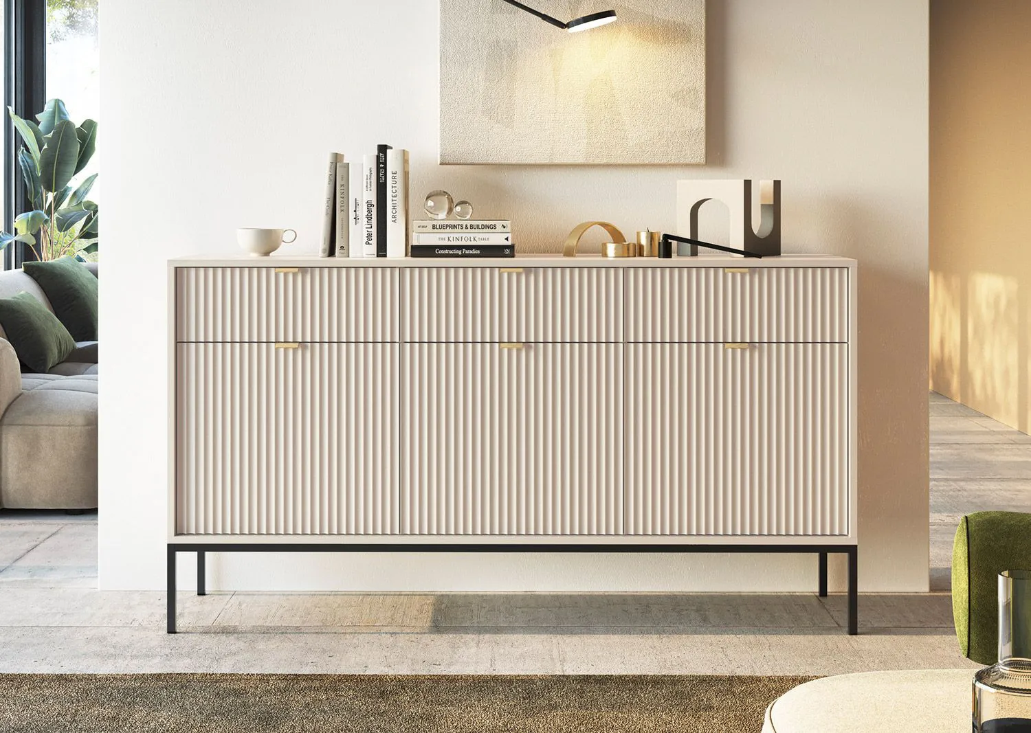Sideboard / Kommode mit drei Schubladen Worthing 67, Farbe: Kaschmir, 1,5 Meter breit, sechs Fächer, Beine: Schwarz, ABS-Kantenschutz, drei Türen