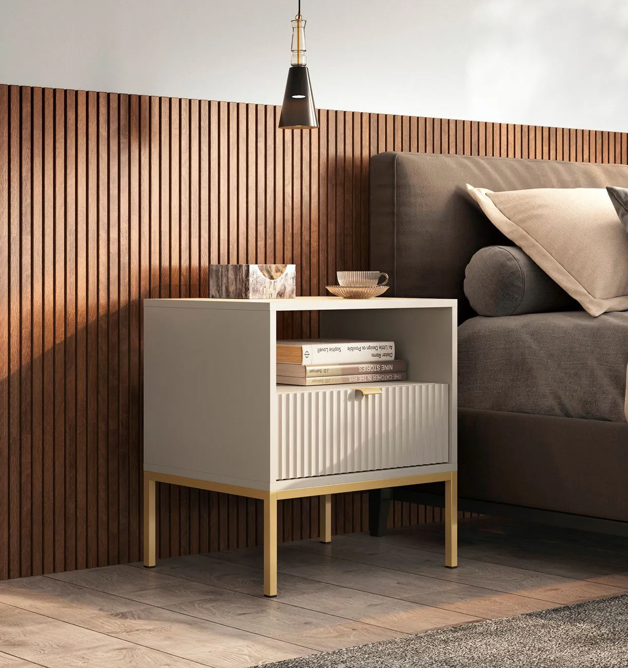 Nachtkommode / Nachtkästchen mit geriffelter Front Worthing 74, Farbe: Kaschmir, eine Schublade, ABS-Kantenschutz, ein Ablagefach, für Schlafzimmer