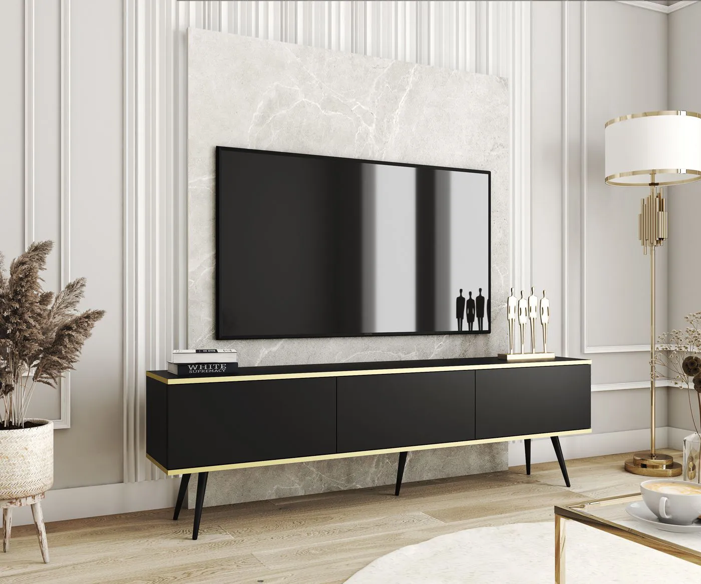 Großer TV-Unterschrank / TV-Board Horsham 32, Farbe: Schwarz, drei Kippfächer, hängend montierbar, Push-to-open Funktion, ABS-Kantenschutz, für