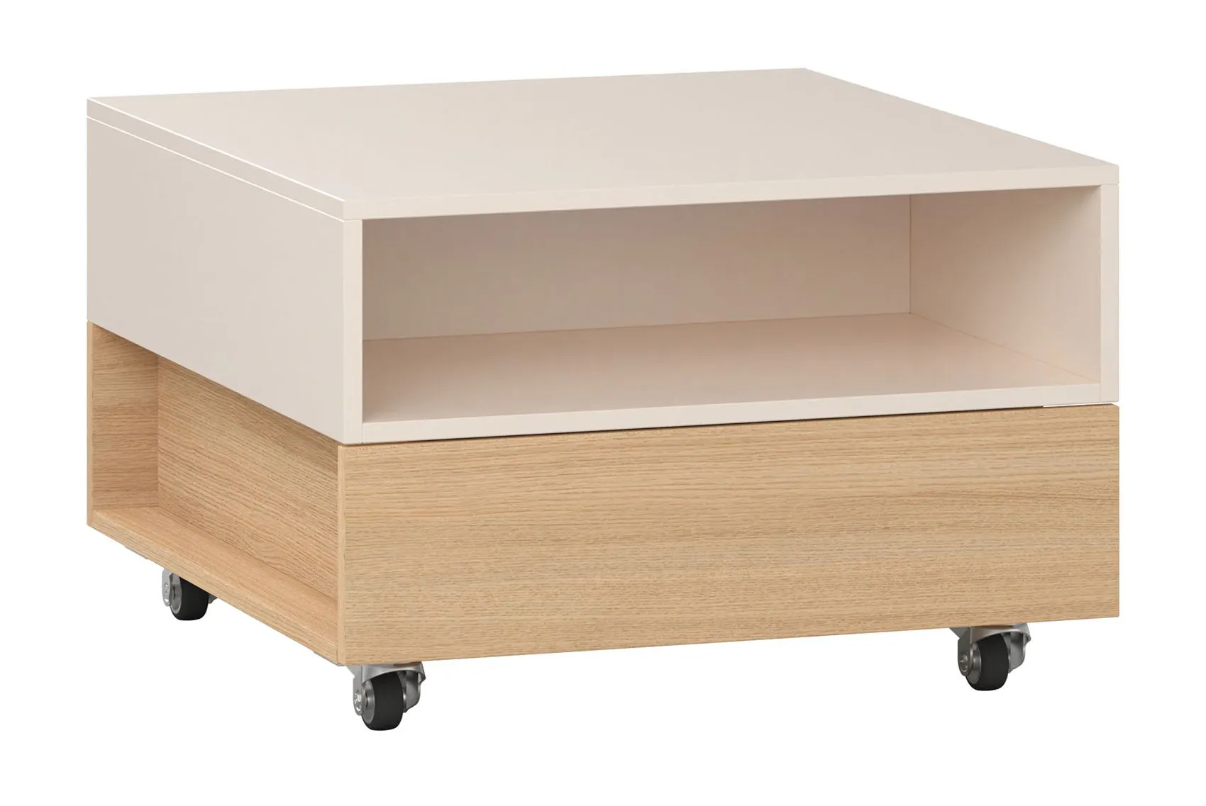 Couchtisch auf vier Rollen | 1 offenes Fach | 1 Schublade | Farbe: Eiche / Beige | Soft-Close-Funktion | Push-to-open Funktion