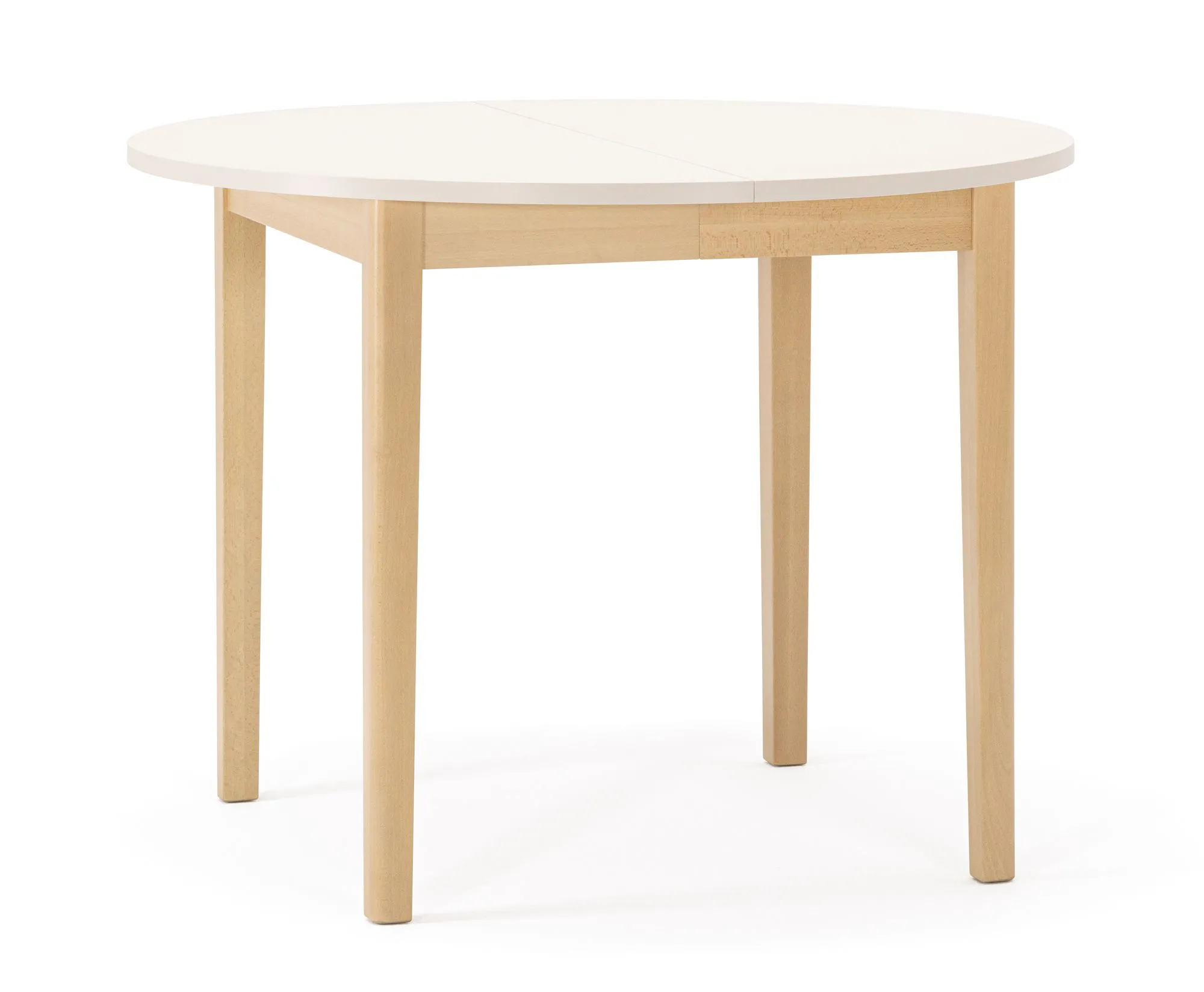 Esstisch | rund | ausziehbar | Farbe: Alabasterweiß / Buche | Holzrahmen | ausziehbar bis 140 cm | Durchmesser: 100 cm