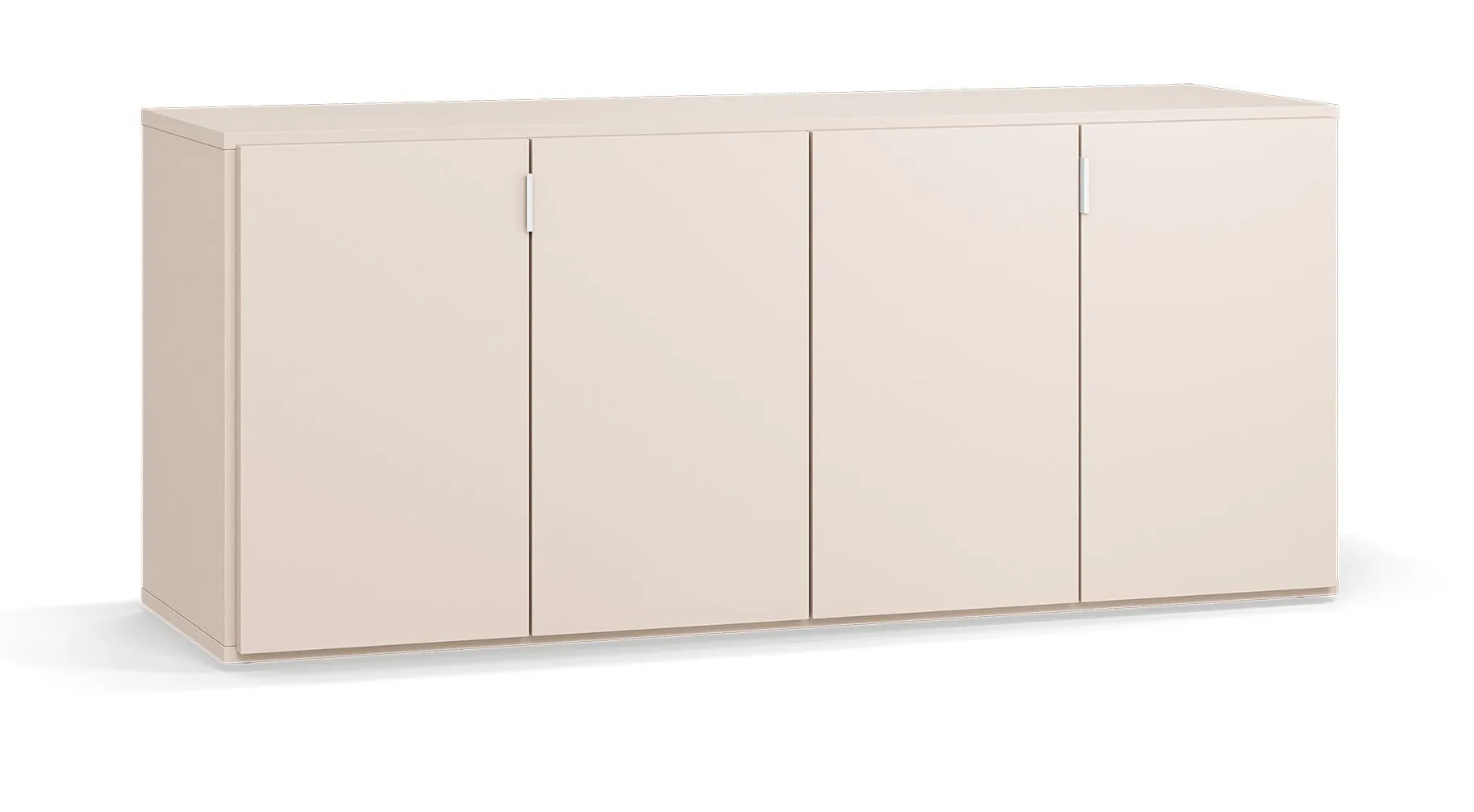 Kommode / Sideboard | 4 Falttüren | Farbe: Beige | Griffe: Weiß | 3 Schubladen | Maße: 160 x 47 x 68,5 cm | 4 Fächer | Soft-Close-Funktion