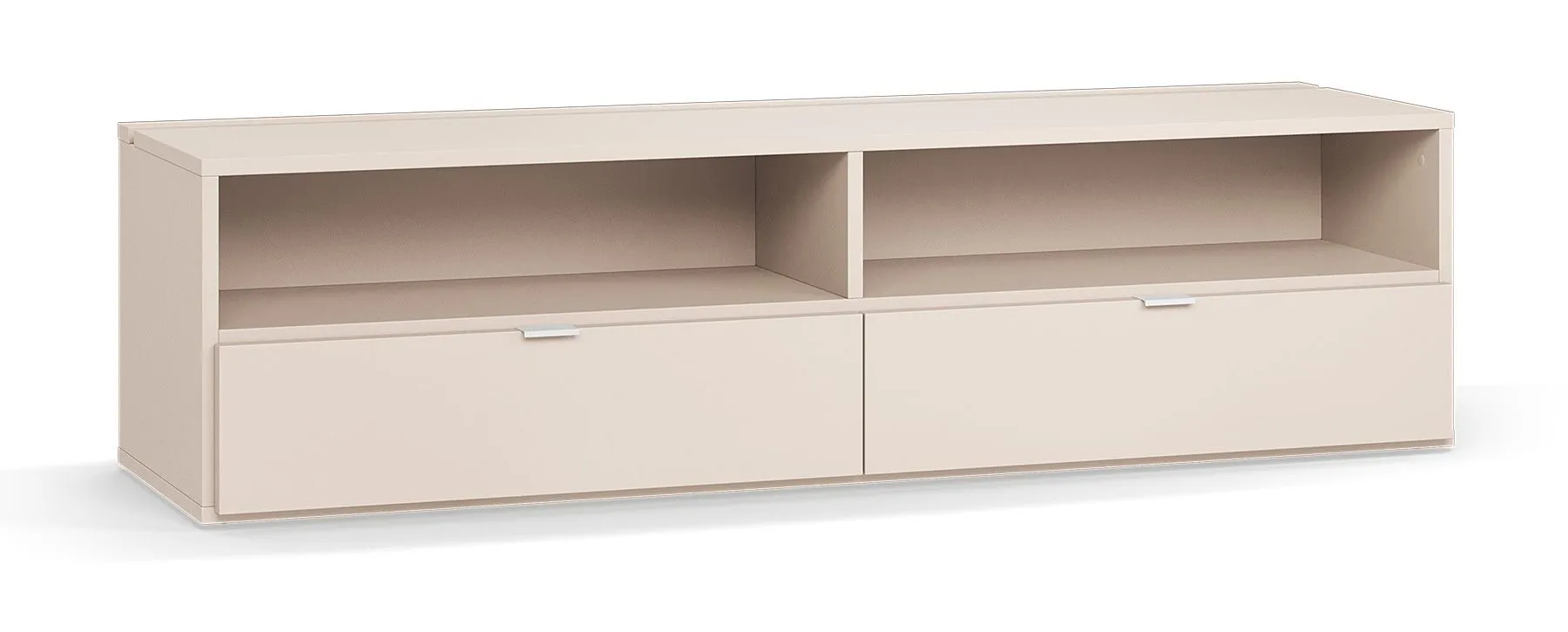 TV-Schrank / TV-Möbel | zwei Schubladen | Farbe: Beige | zwei Fächer | Soft-Close Funktion | Maße: 180 x 47 x 46,5 cm | Griffe: Weiß