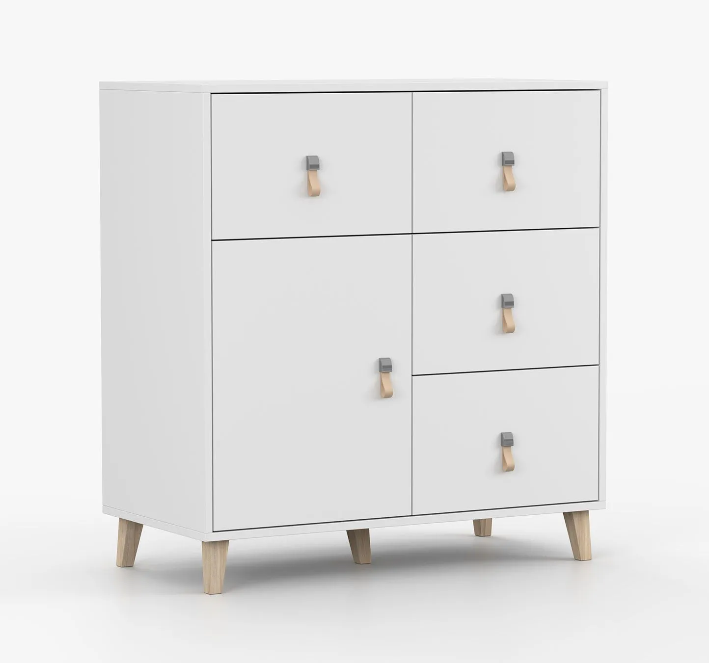 Kommode | Weiß | Taygetos 02 | 96 x 90 x 45 cm | 4 Schubladen | 1 Fach | Ledergriffe | Holzbeine 14 cm hoch | Einfarbig