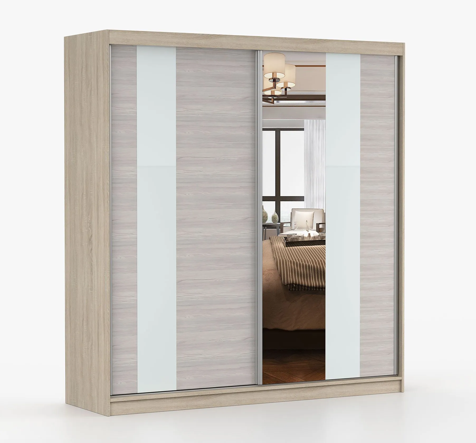 2 Meter breiter Schiebetürenschrank / Kleiderschrank mit Spiegel | Grau-Weiß / Eiche | Gorski 34 | 218 x 203 x 61 cm | 2 Türen | 6 Fächer