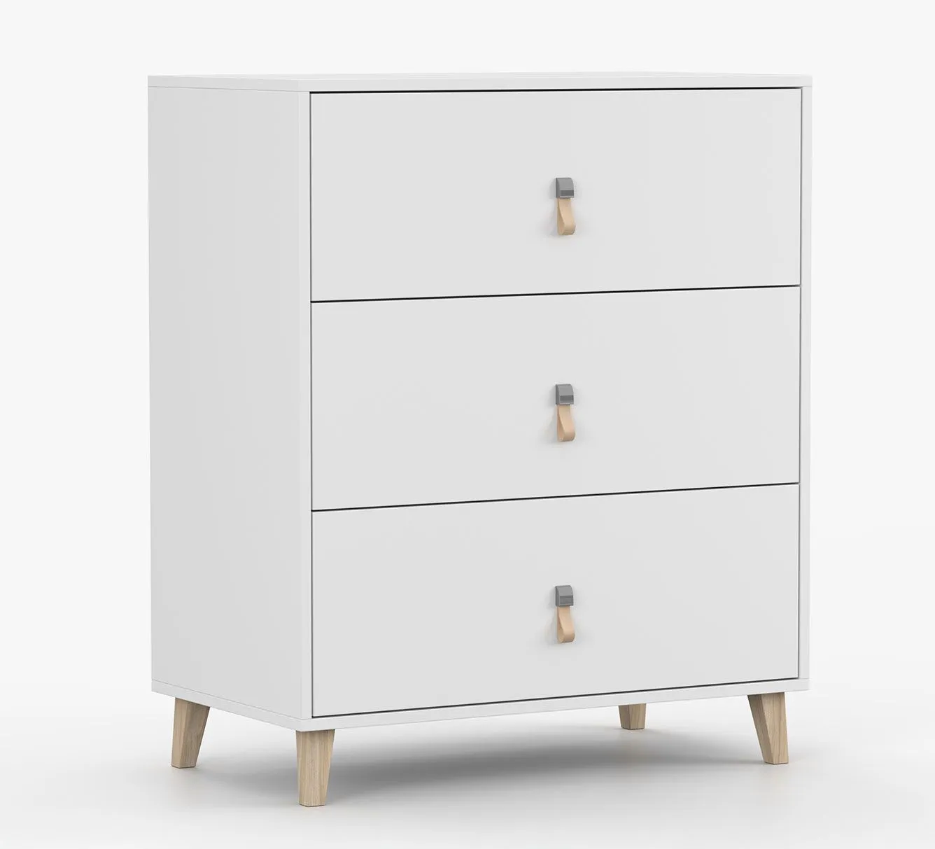 Kommode | Weiß | Taygetos 01 | 96 x 80 x 45 cm | 3 Schubladen | Ledergriffe mit Schlaufen | Holzbeine 14 cm hoch | Einfarbig