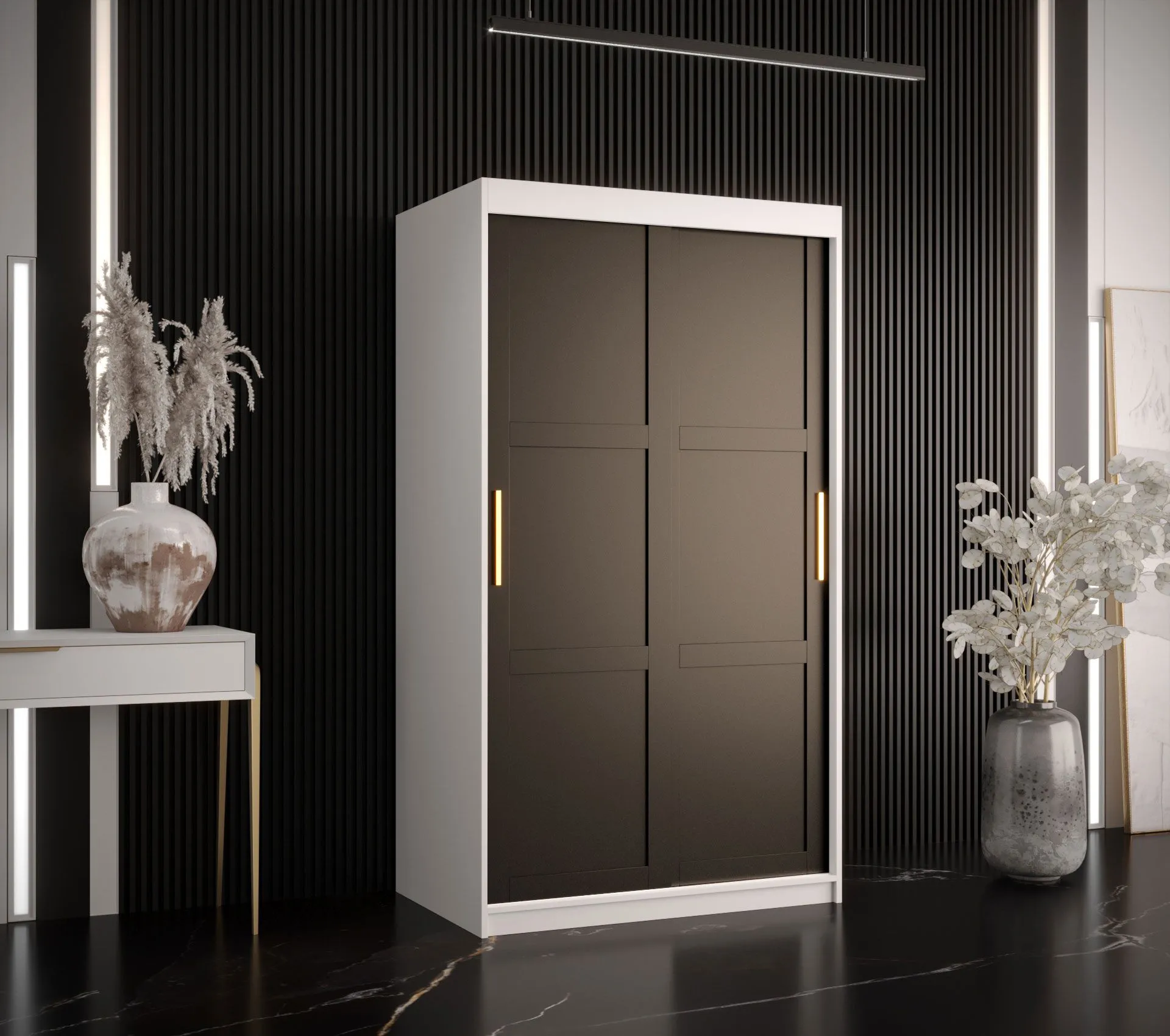 Schmaler Kleiderschrank mit fünf Fächern Liskamm 02, Farbe: Weiß matt / Schwarz matt