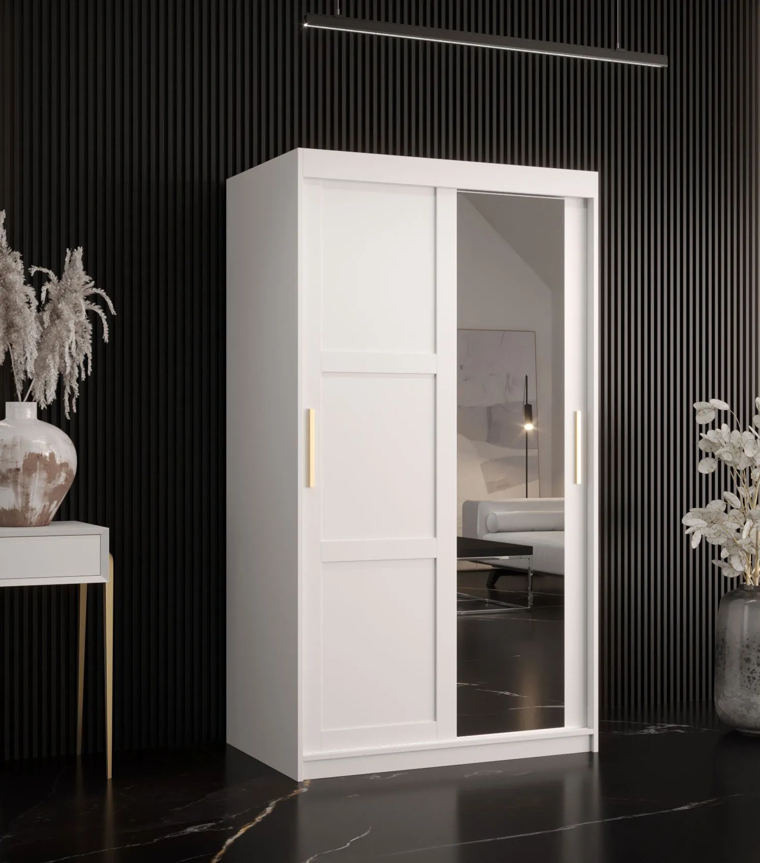 Schmaler Kleiderschrank mit einer Spiegeltür Liskamm 25, Farbe: Weiß matt