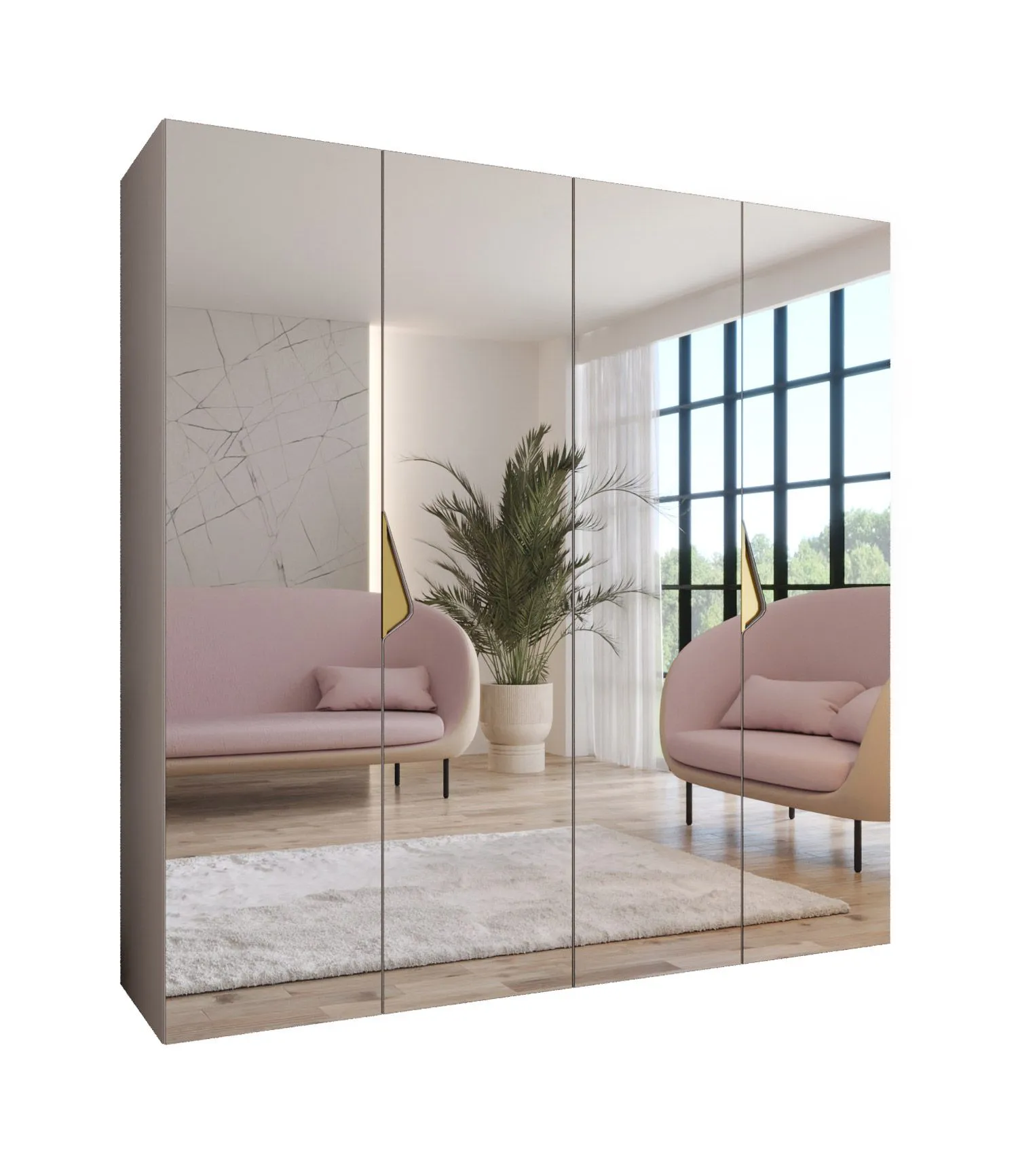 Kleiderschrank | Farbe: Kaschmir | 2 Meter breit | 2 Fächer | Griffe: Gold | 2 Kleiderstangen | Schlafzimmerschrank mit Spiegel | Maße: 200 x 52 x 202 cm