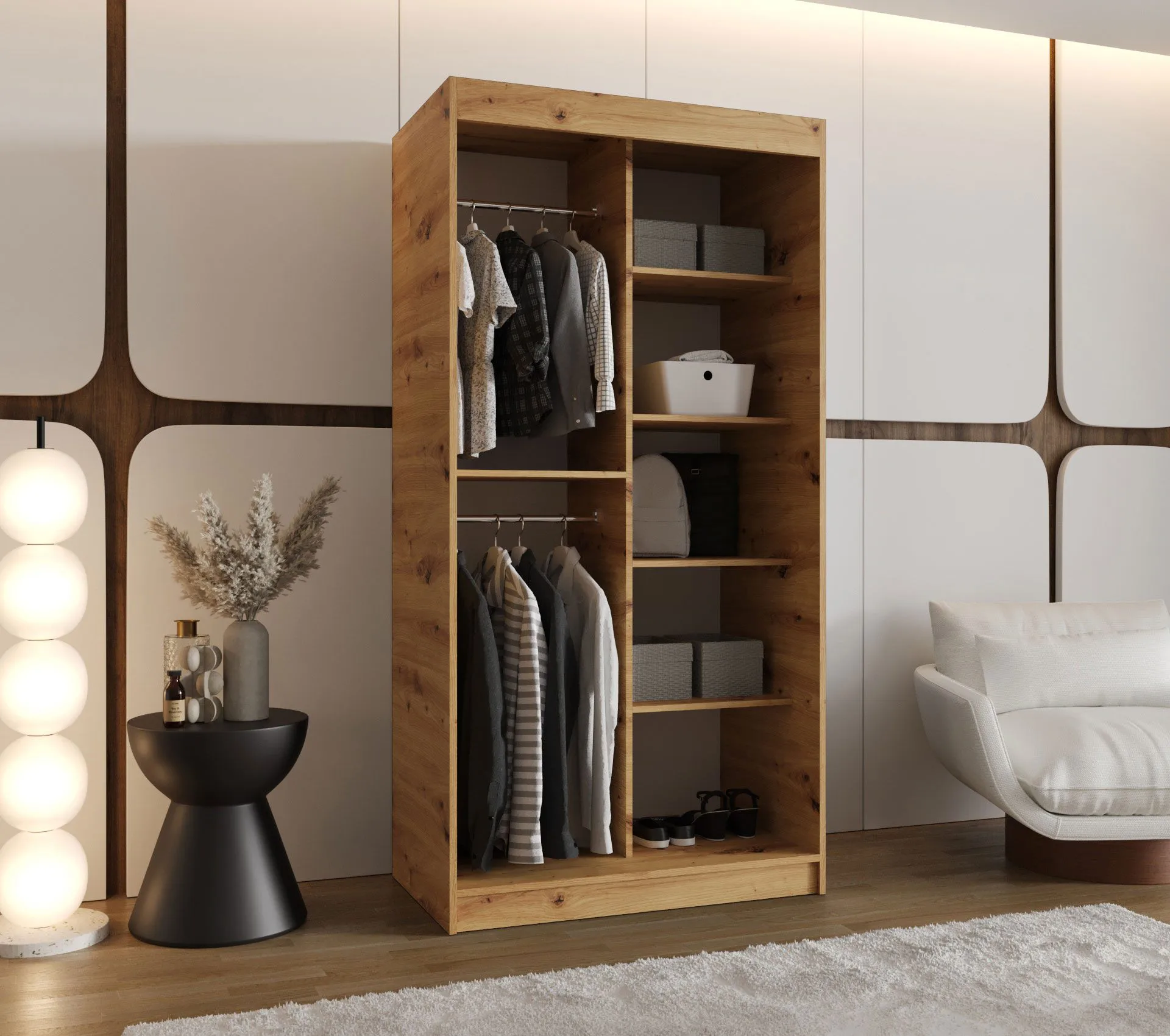 Schiebetürenschrank | Farbe: Eiche Artisan | 5 Fächer | 2 Kleiderstangen | hochwertig Verarbeitet | 100 x 62 x 200 cm | Kleiderschrank | Spiegeltür