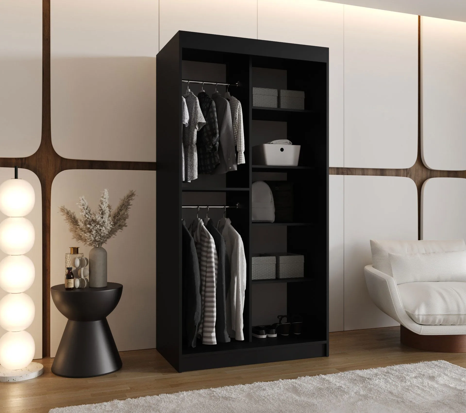 Schiebetürenschrank | Schwarz Matt | 5 Fächer | 2 Kleiderstangen | hochwertig Verarbeitet | 100 x 62 x 200 cm | Kleiderschrank | Spiegeltür