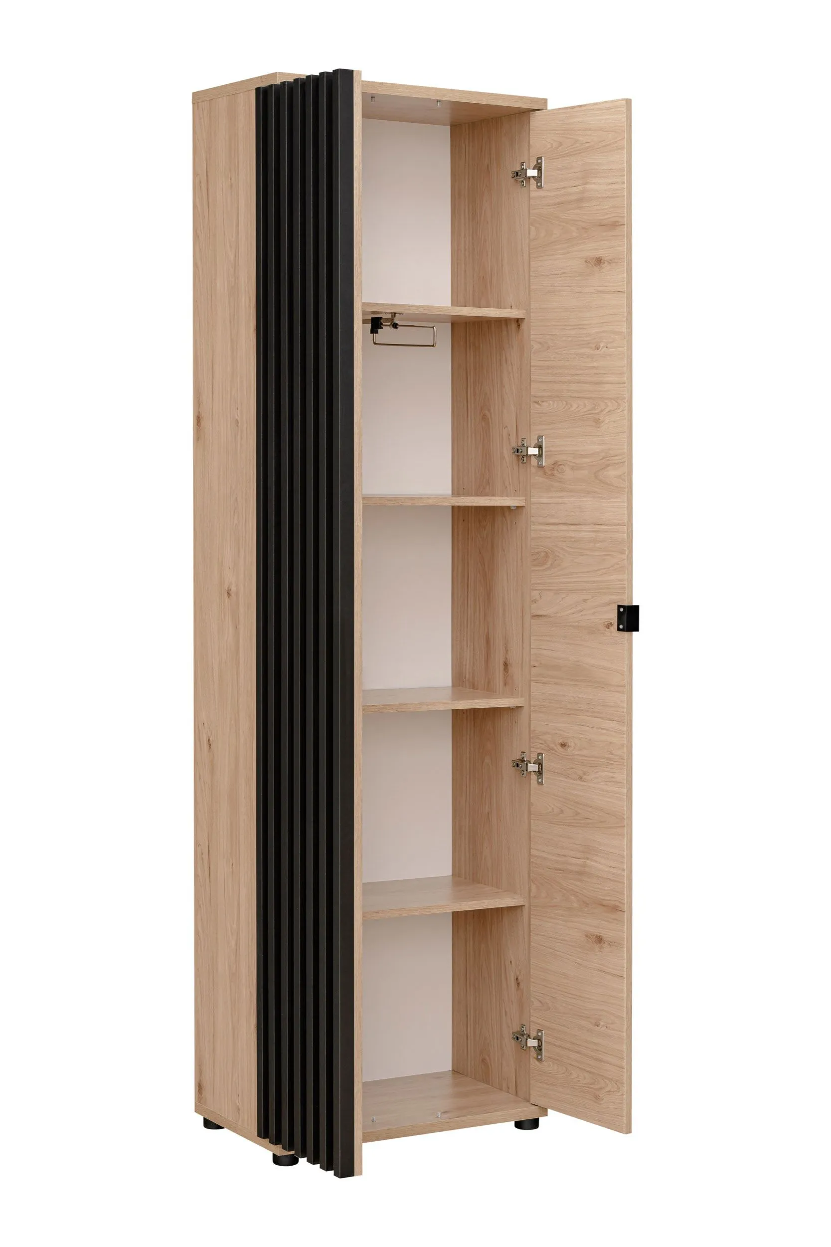 Schmaler Schrank mit fünf Fächer Angvik 01, Farbe: Eiche / Schwarz, Maße: 202,5 x 60 x 35 cm, ausziehbare Kleiderstange, genügend Stauraum