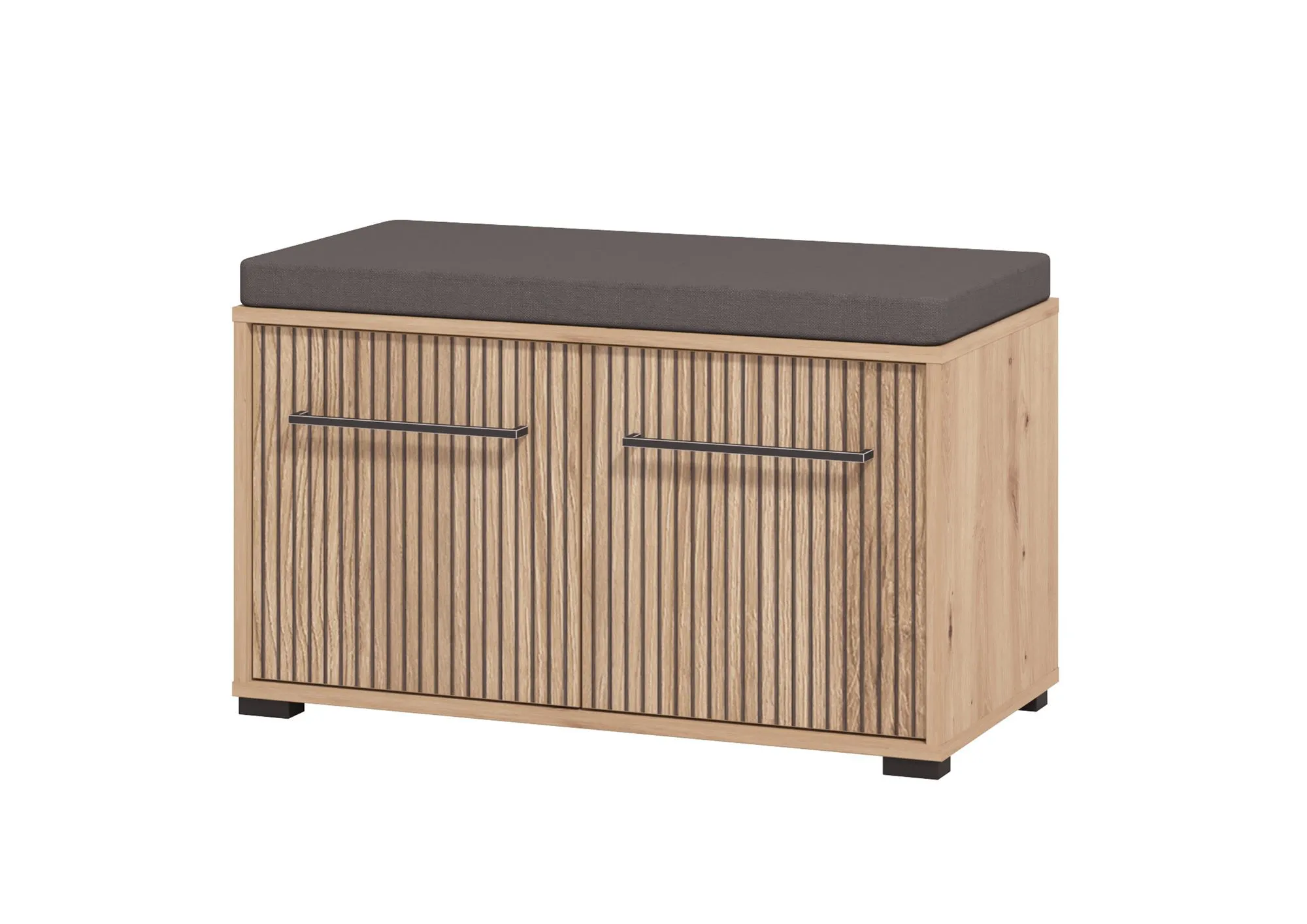 Sitzbank mit Stauraum Paduna 02, gepolsterte Sitzfläche, zwei Türen, ABS-Kanten, zwei Fächer, Maße: 49 x 80 x 40 cm, einfaches und modernes Design