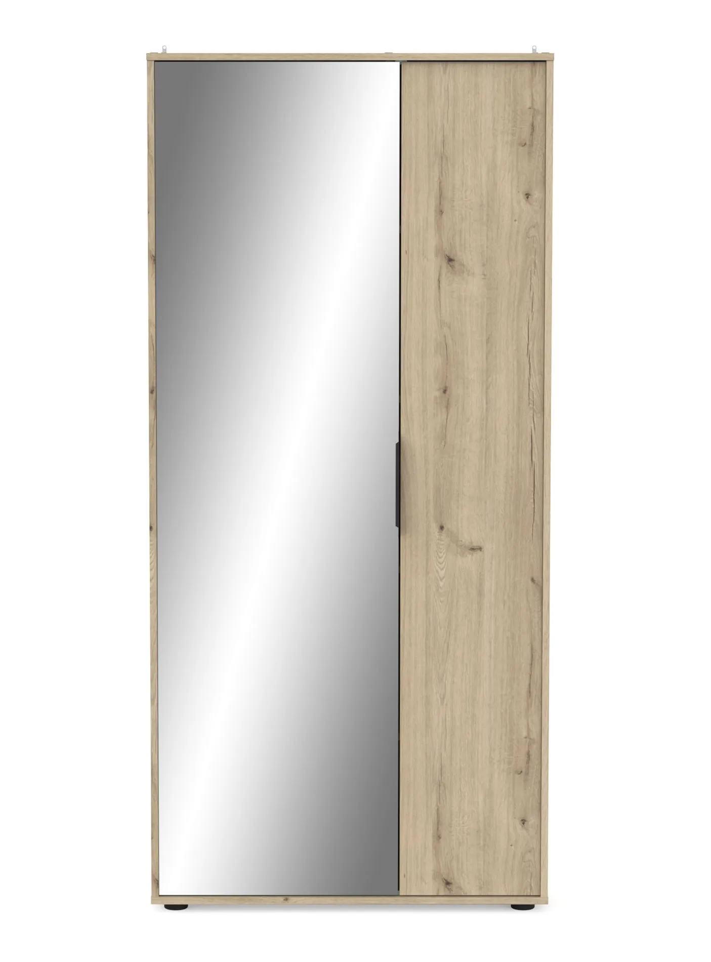 Großer Schuhschrank Matandu 01, eine Spiegeltür, eine Tür, 6 Schuhschienen, 5 Fächer, Farbe: Eiche, Maße: 176,5 x 83 x 24 cm, für Garderobe