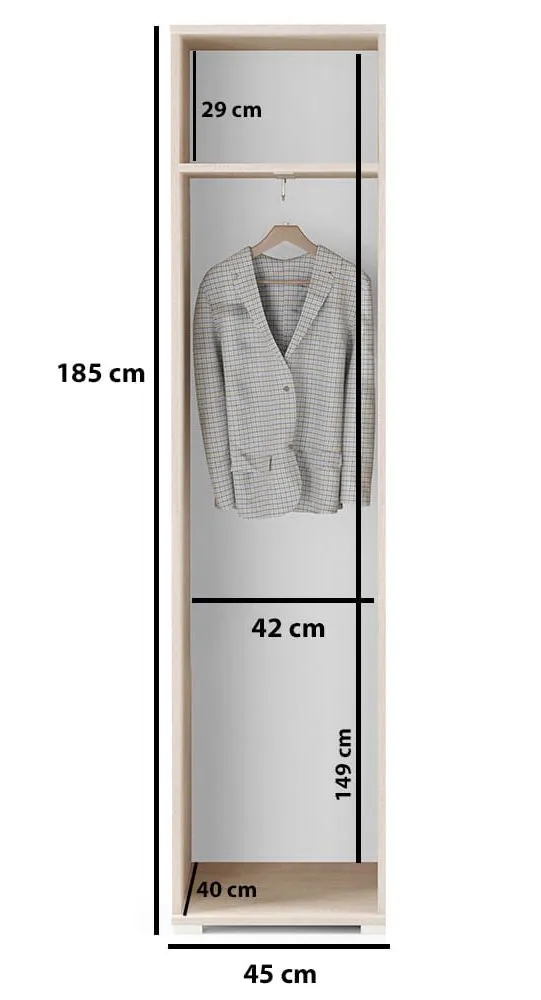 Schmaler Schrank mit Spiegel Zapopan 35, ein Fach, eine ausziehbare Kleiderstange, Push-to-open, Farbe: Eiche Artisan / Schwarz, Maße: 185 x 45 x 40 cm