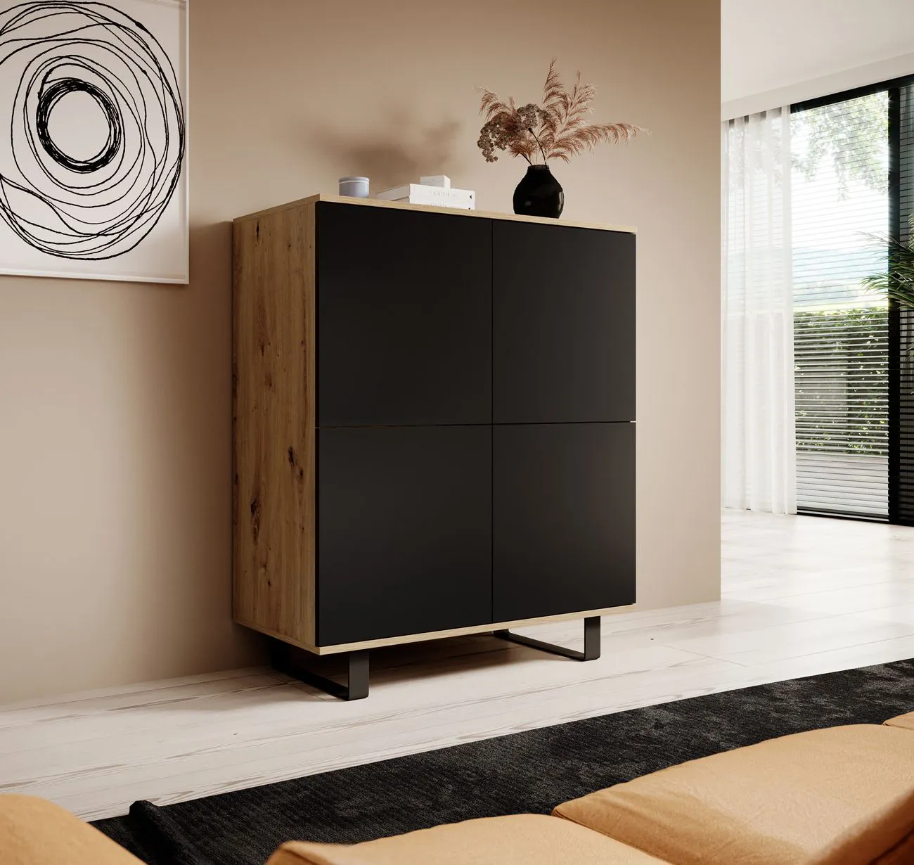 Hohe Kommode mit vier Türen Zapopan 88, Push-to-open Funktion, acht Fächer, Beine: Metall, Farbe: Eiche Artisan / Schwarz, Maße: 114 x 100 x 40 cm