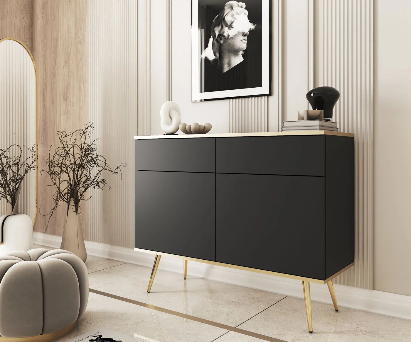 Kleine Kommode mit vier Fächern Horsham 66, Farbe: Schwarz, zwei Türen, Push-to-open Funktion, ABS-Kantenschutz, zwei Schubladen, Beine: Gold