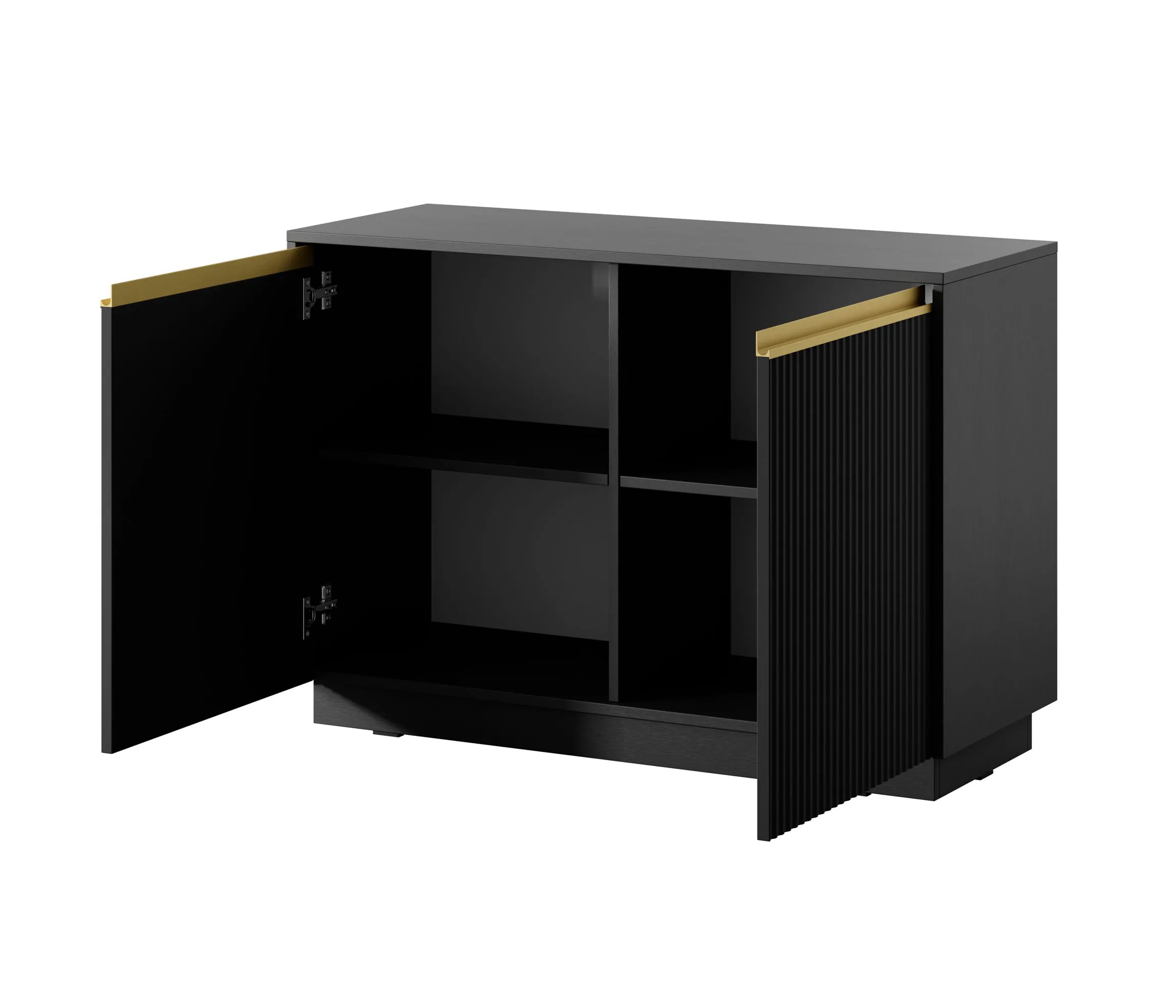 Kleine Kommode mit zwei Türen Finghall 04, Farbe: Schwarz, Soft-Close-Funktion, vier Fächer, Front: gerillt, ABS-Kantenschutz, für Wohnzimmer