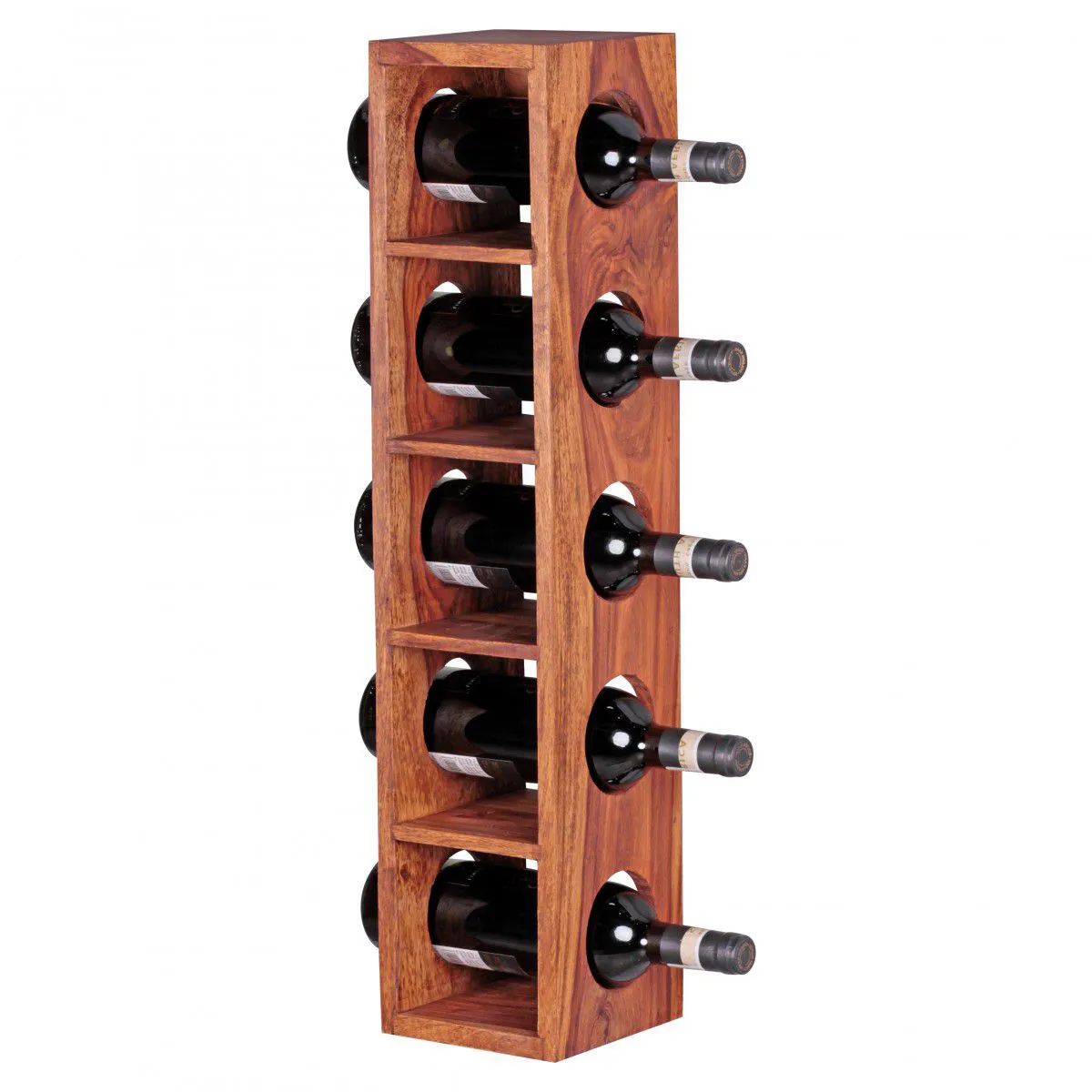 Schmales Weinregal aus Sheesham Massivholz, Farbe: Sheesham