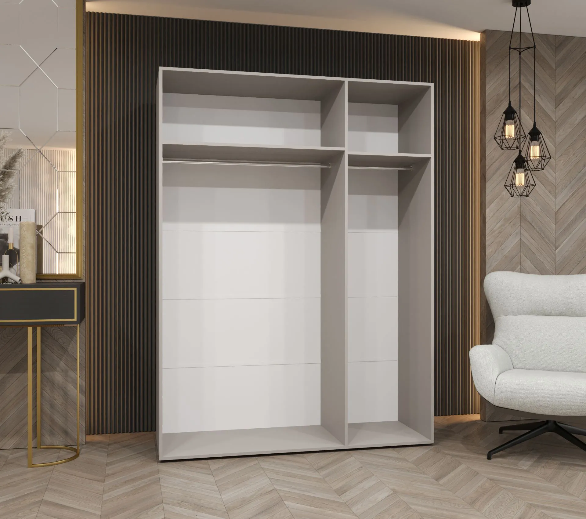 Drehtürenschrank / Kleiderschrank mit zwei Kleiderstangen Eiger 130, Farbe: Kaschmir, zwei Fächer, 1,5 Meter breit, Soft-Close-Funktion, Griffe: Schwarz