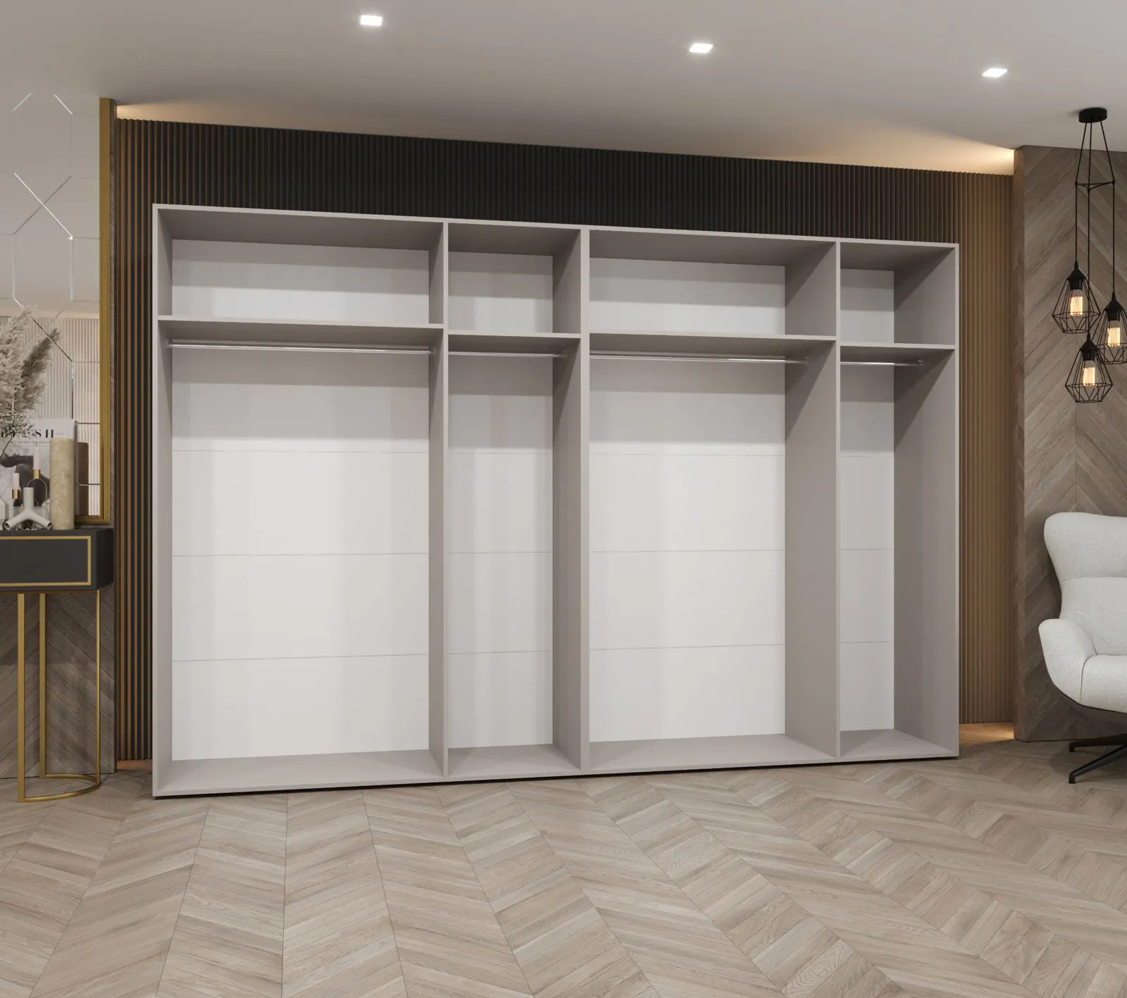 Drehtürenschrank / Kleiderschrank mit sechs Türen Korab 50, Farbe: Schwarz, 3 Meter breit, Griffe: Schwarz, vier Kleiderstangen, Soft-Close-Funktion