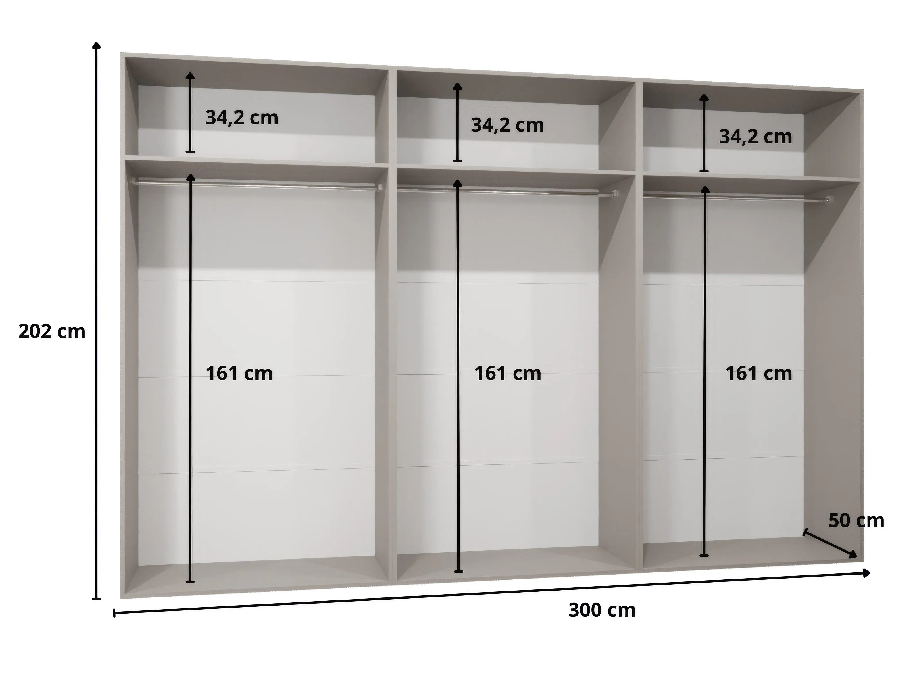 Drehtürenschrank | Farbe: Weiß | ABS-Kanten | 3 Meter breit | 3 Kleiderstangen | Soft-Close-Funktion | Griffe: Schwarz | 3 Fächer