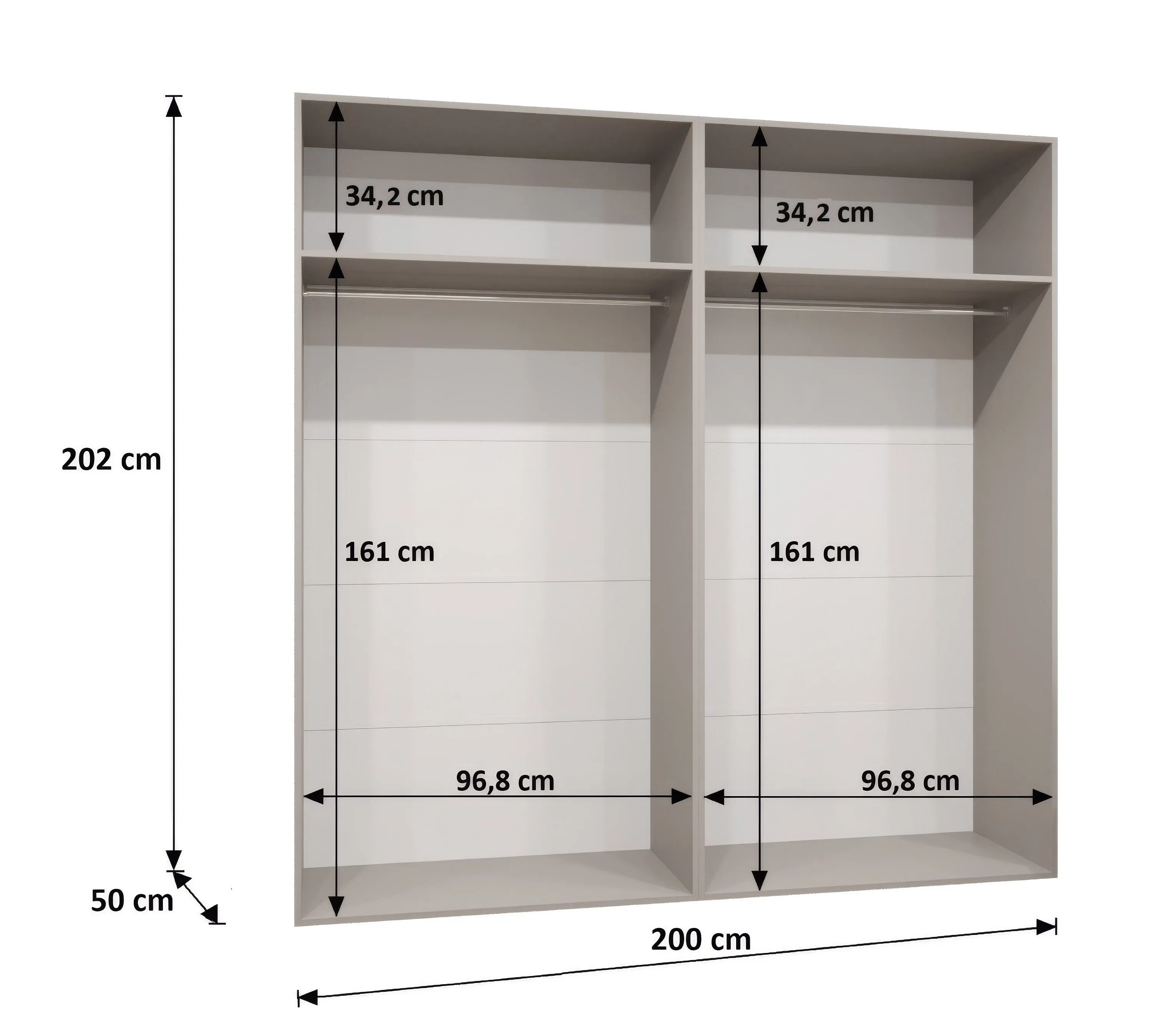 Kleiderschrank | Farbe: Weiß | 2 Meter breit | 2 Fächer | Griffe: Schwarz | 2 Kleiderstangen | Schlafzimmerschrank mit Spiegel | Maße: 200 x 52 x 202 cm