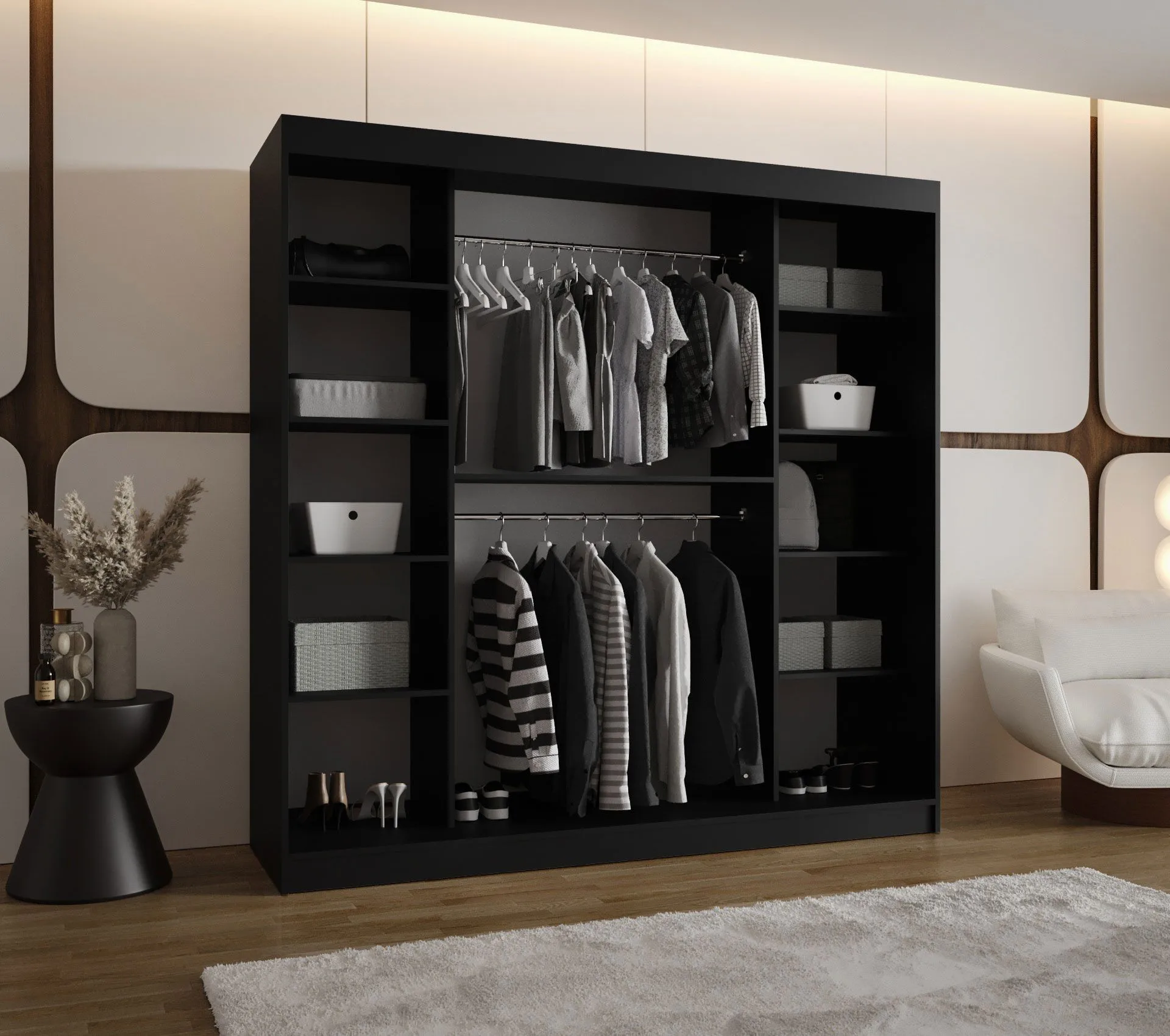 Kleiderschrank | Schwarz Matt | 10 Fächer | 2 Kleiderstangen | hochwertig Verarbeitet | 200 x 62 x 200 cm | Schiebetürenschrank