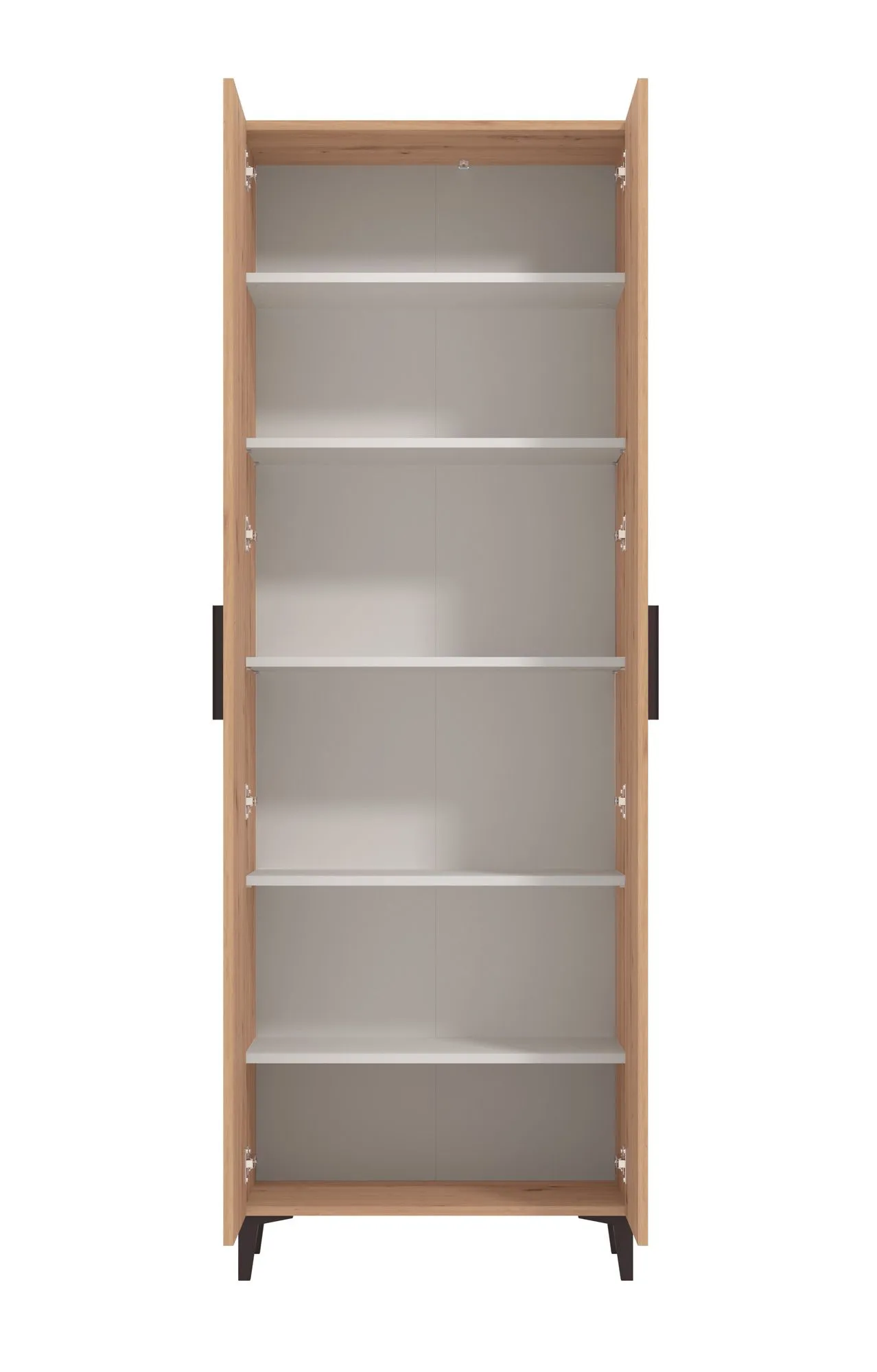 Großer Schuhschrank für den Vorraum Derevo 02, Farbe: Eiche Artisan, zwei Türen, ABS-Kanten, Griffe & Beine: Schwarz, Maße: 195 x 67,5 x 35 cm, sechs Fächer