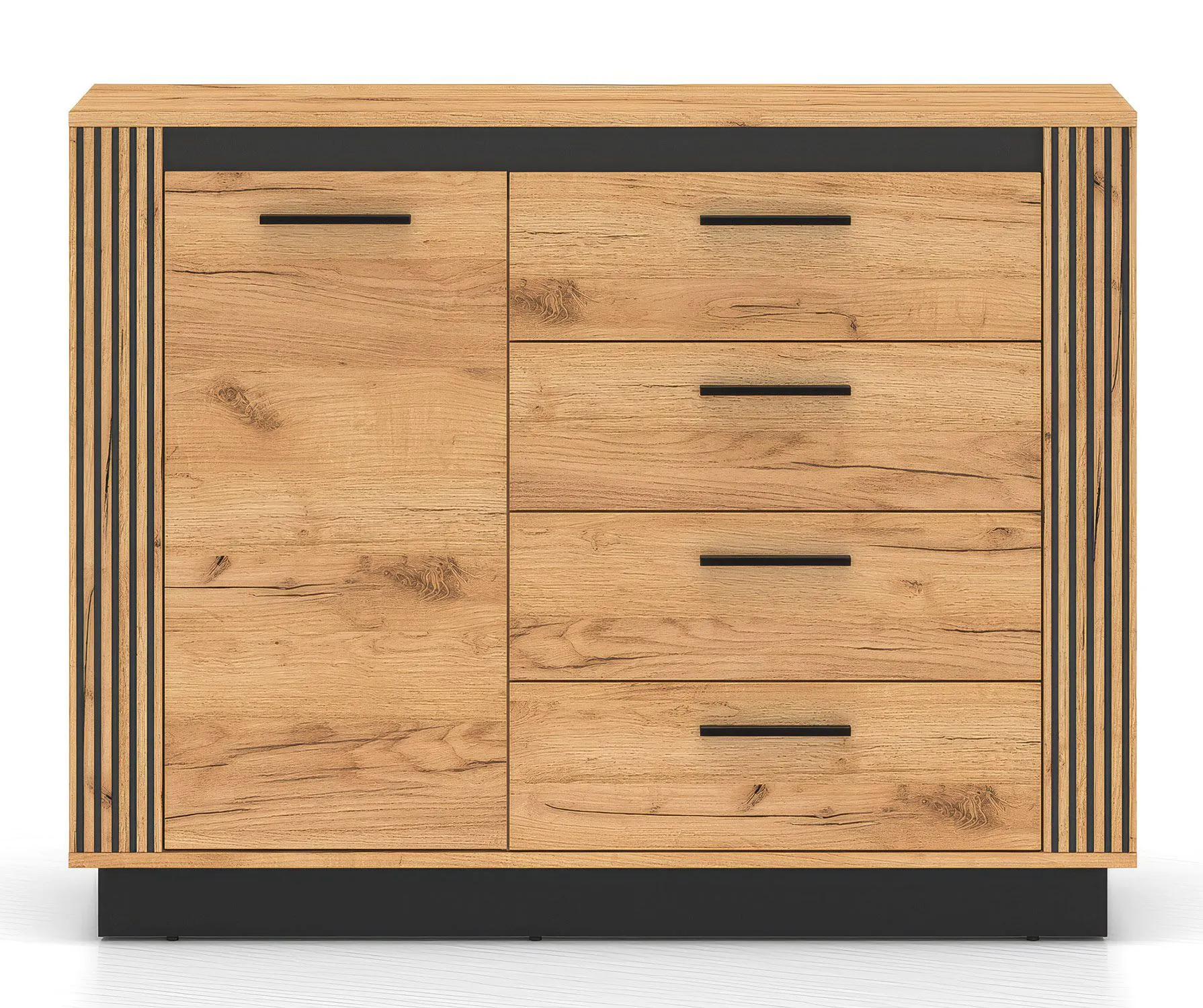 Schmale Kommode Dagali 07, Farbe: Eiche / Schwarz, vier Schubladen, eine Tür, zwei Fächer, modern und elegant, Soft-Close Funktion, für Wohnzimmer